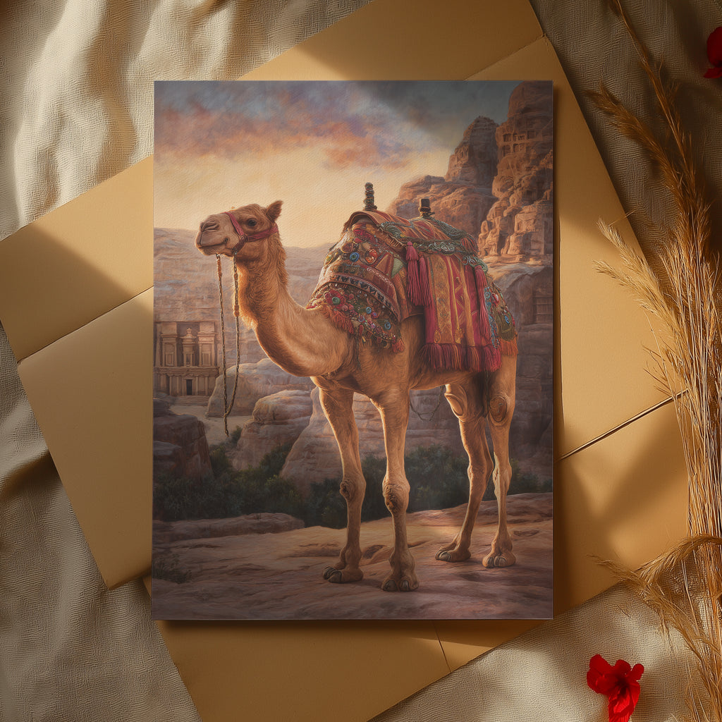 Royal Camel Poster – Desert Animal Art Print, Petra Inspired Wall Decor, Arabian Fantasy Illustration