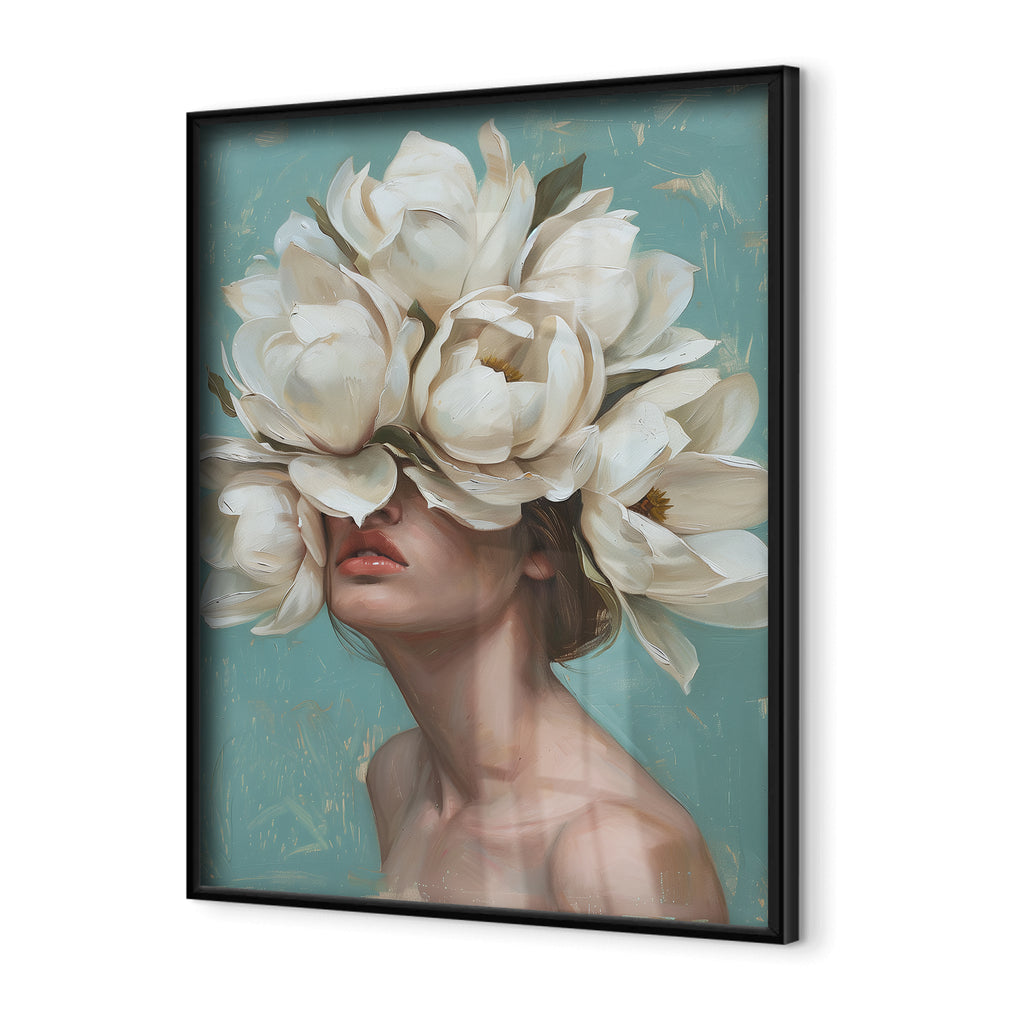 Botanical wall art close-up of woman crowned with lush white flowers