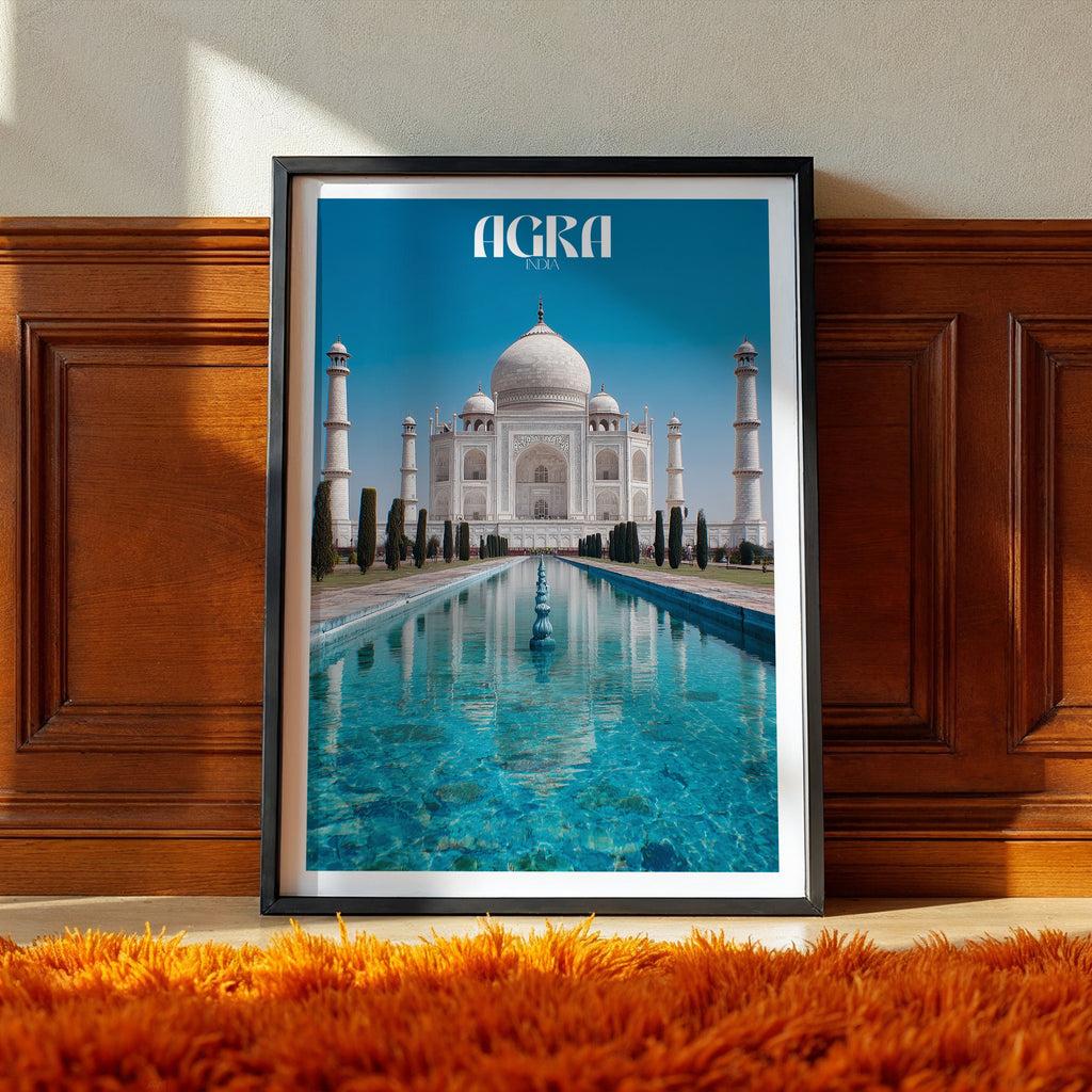 India Travel Poster – Taj Mahal Agra Print, Romantic Wall Art, Famous Landmark Decor