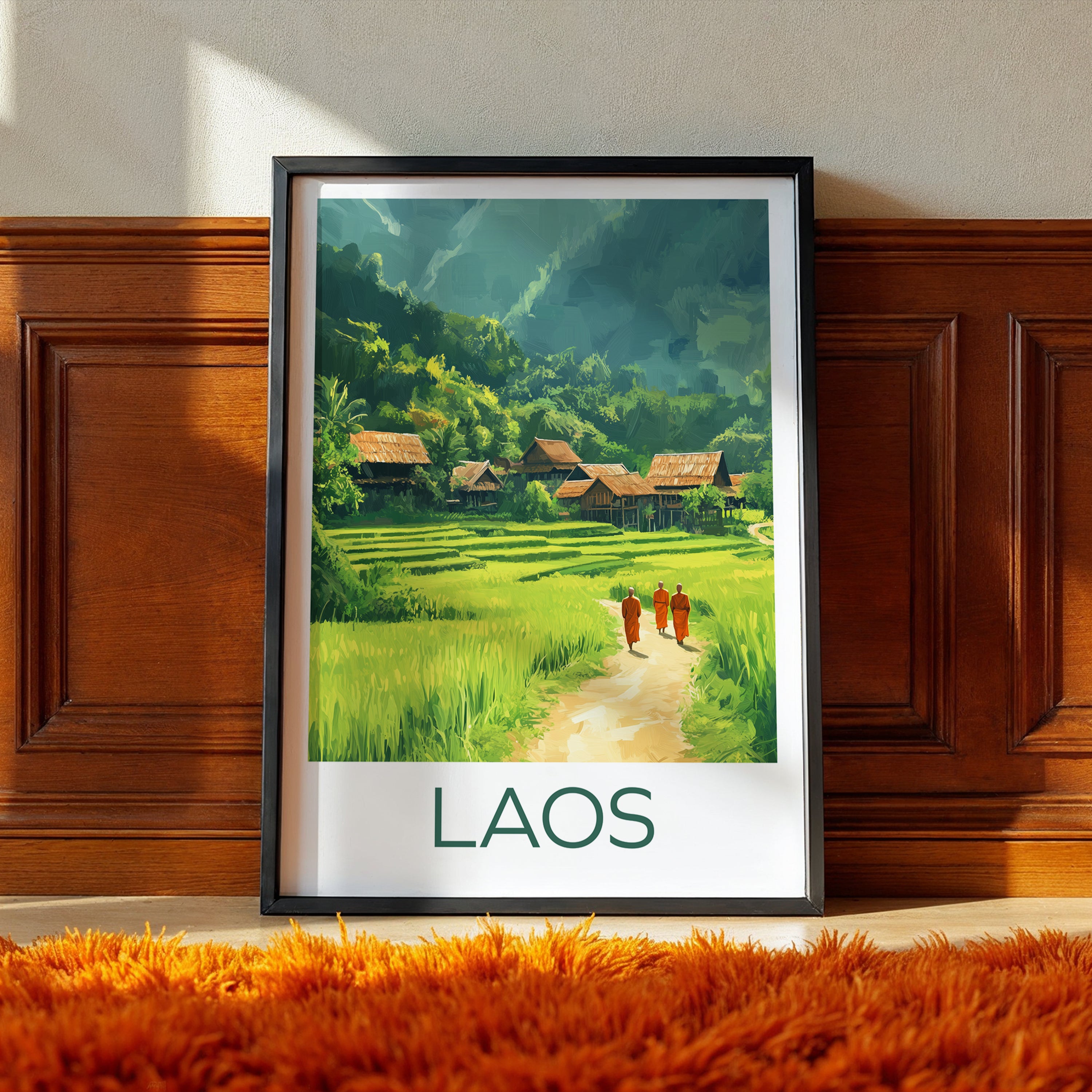 Laos Travel Poster: Rice Terrace Village Illustration Art