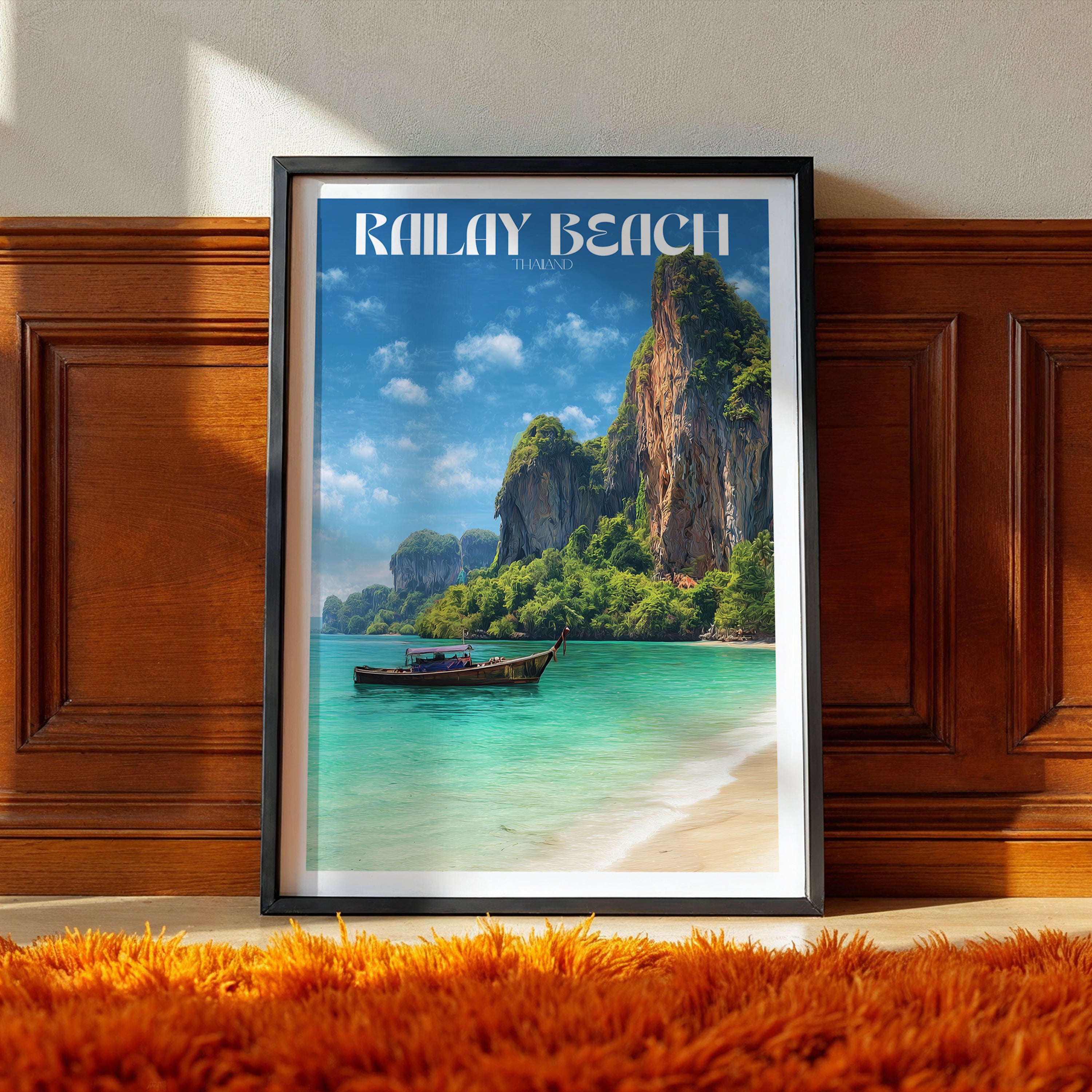 Thailand Travel Poster – Railay Beach Wall Art Print, Coastal Landscape, Longtail Boat Decor