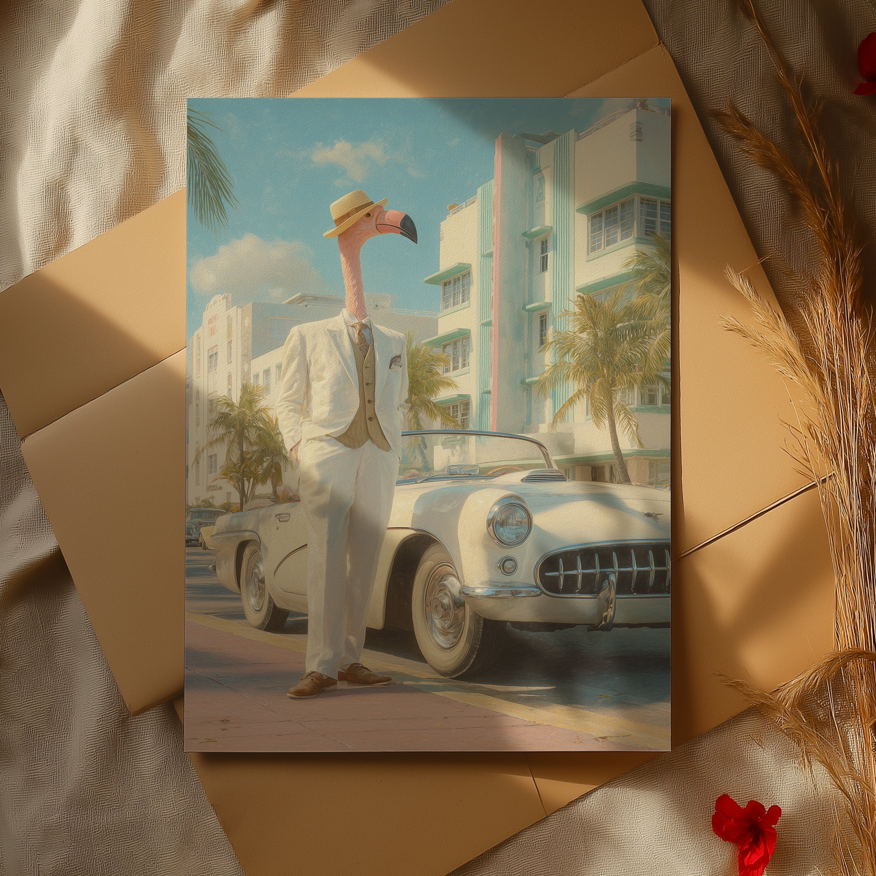 Flamingo on Ocean Drive Poster – Miami Retro Wall Art, Art Deco Print