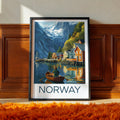Norway Travel Poster: Nordic Fjord Village Illustration Art