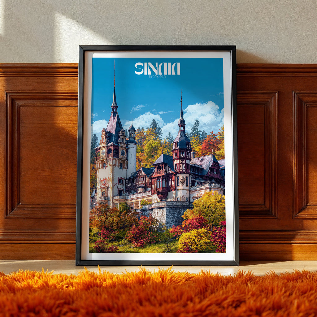 Romania Travel Poster – Peles Castle Sinaia Print, Historic Wall Art, European Landmark Decor