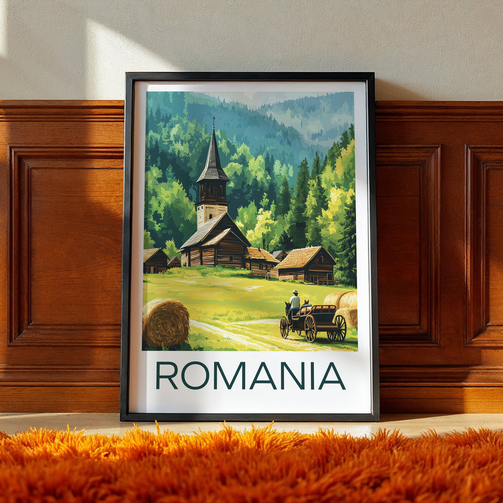 Romania Travel Poster: Traditional Village Maramures Illustration Art