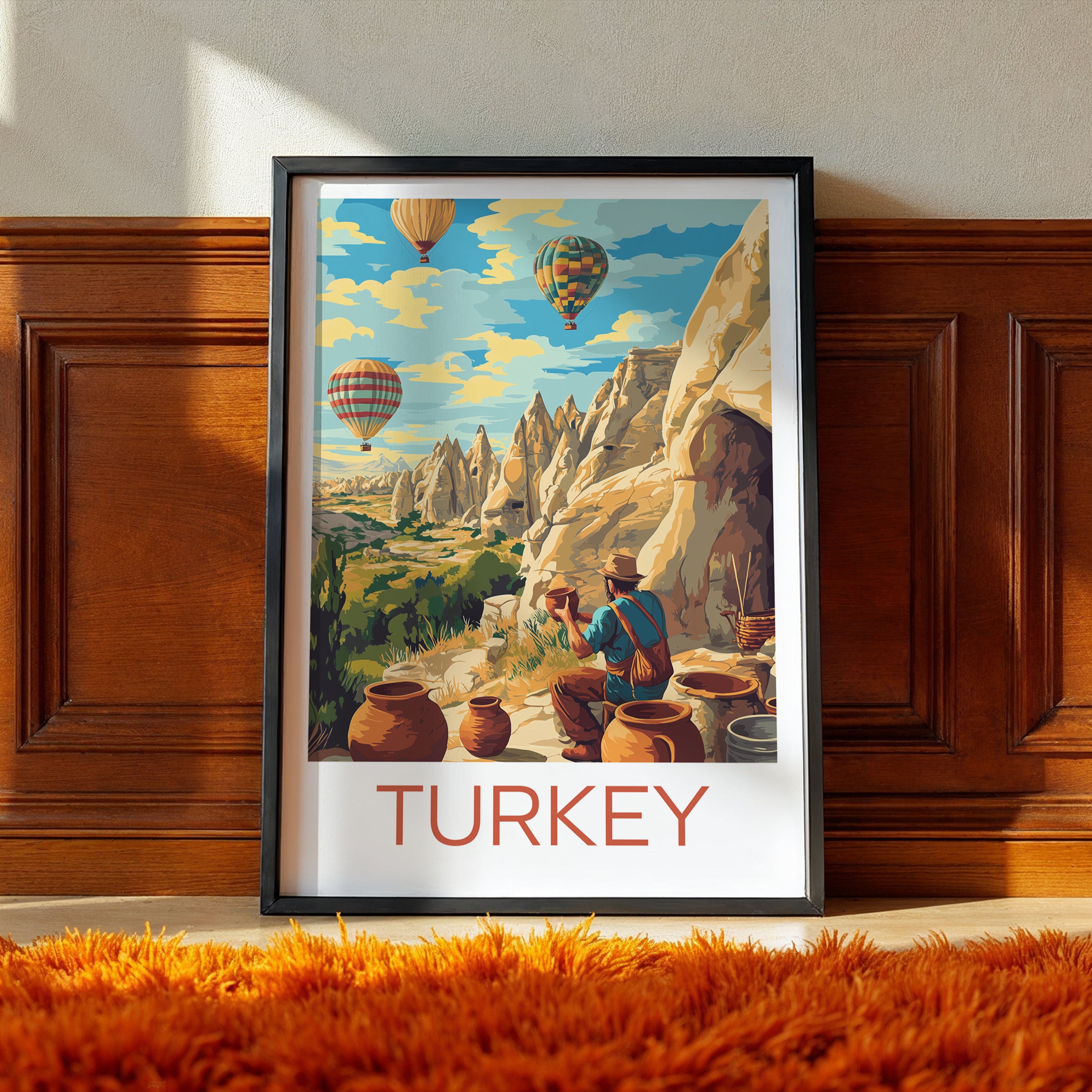 Turkey Travel Poster: Cappadocia Hot Air Balloon Illustration Art
