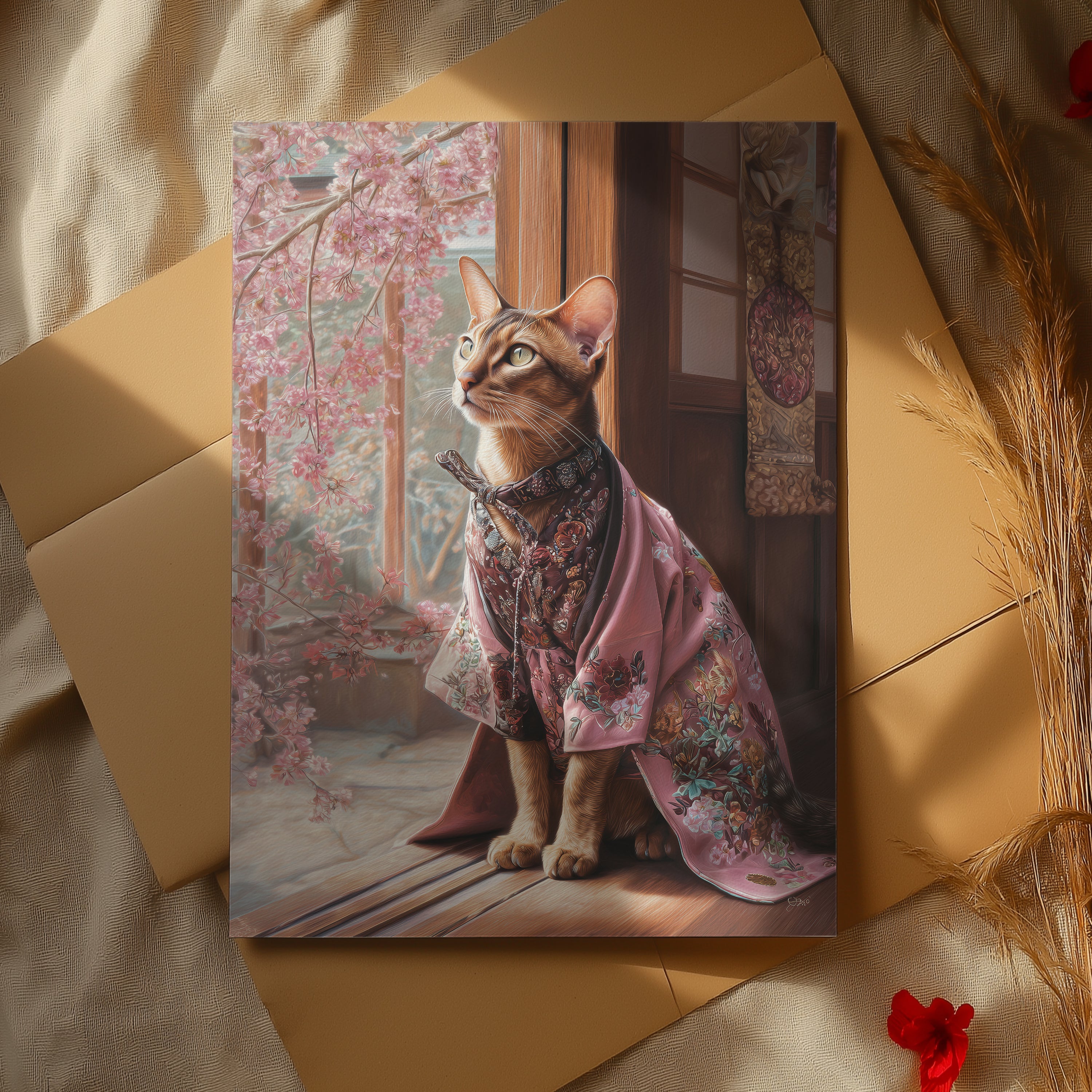 Kimono Cat Poster – Japanese Animal Print, Cherry Blossom Wall Art, Elegant Feline Decor
