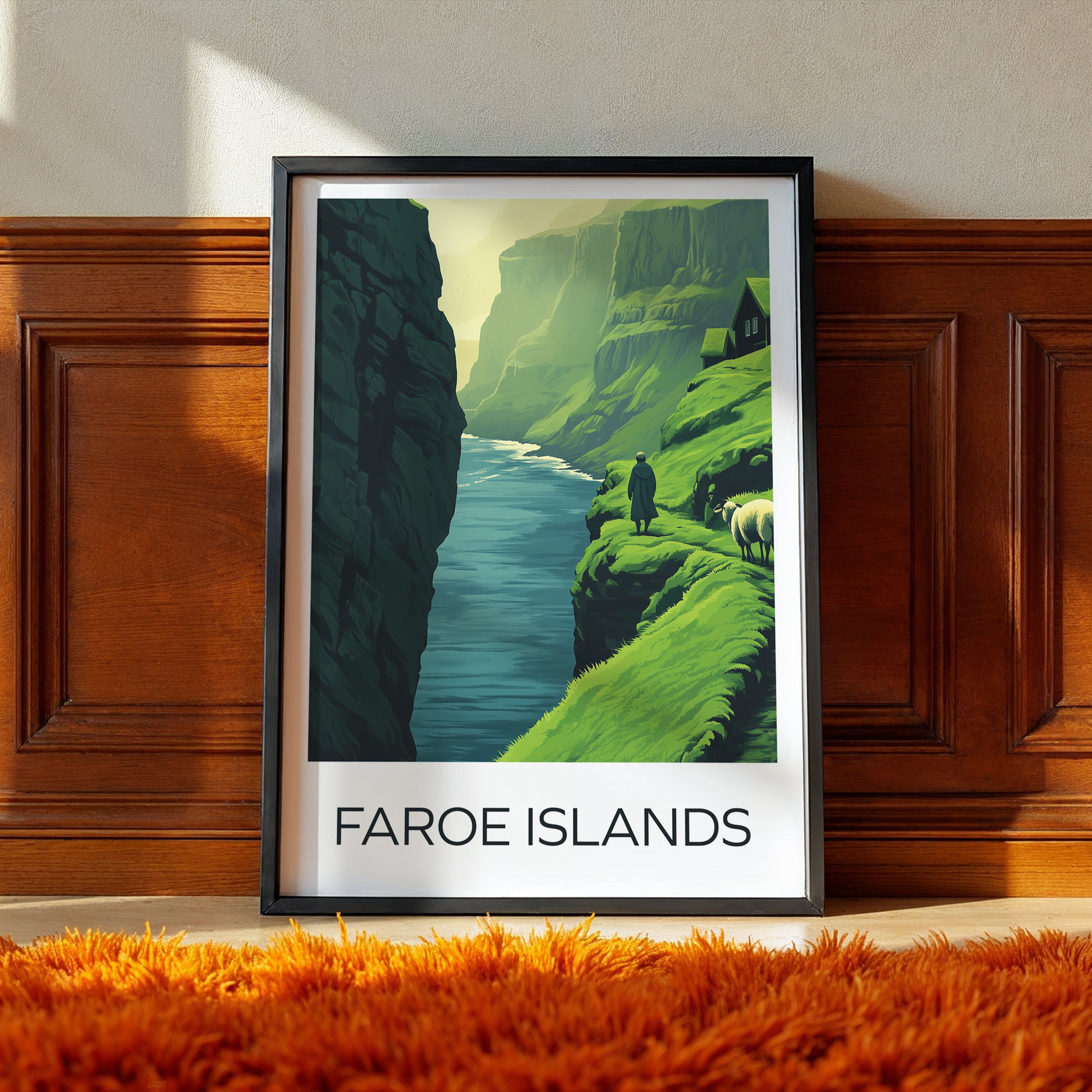Faroe Islands Cliffside Poster – Nordic Landscape Art Print, Grass Roof Houses & Ocean View Illustration