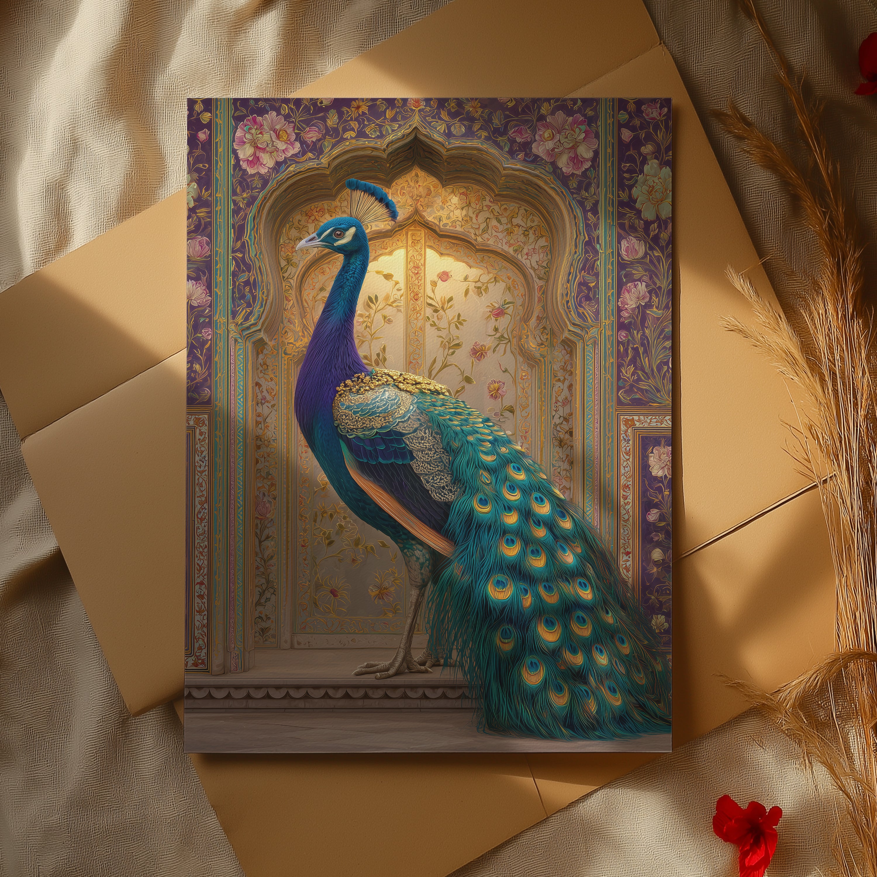 Peacock in Rajasthan Poster – Indian Palace Bird Print, Boho Wall Art