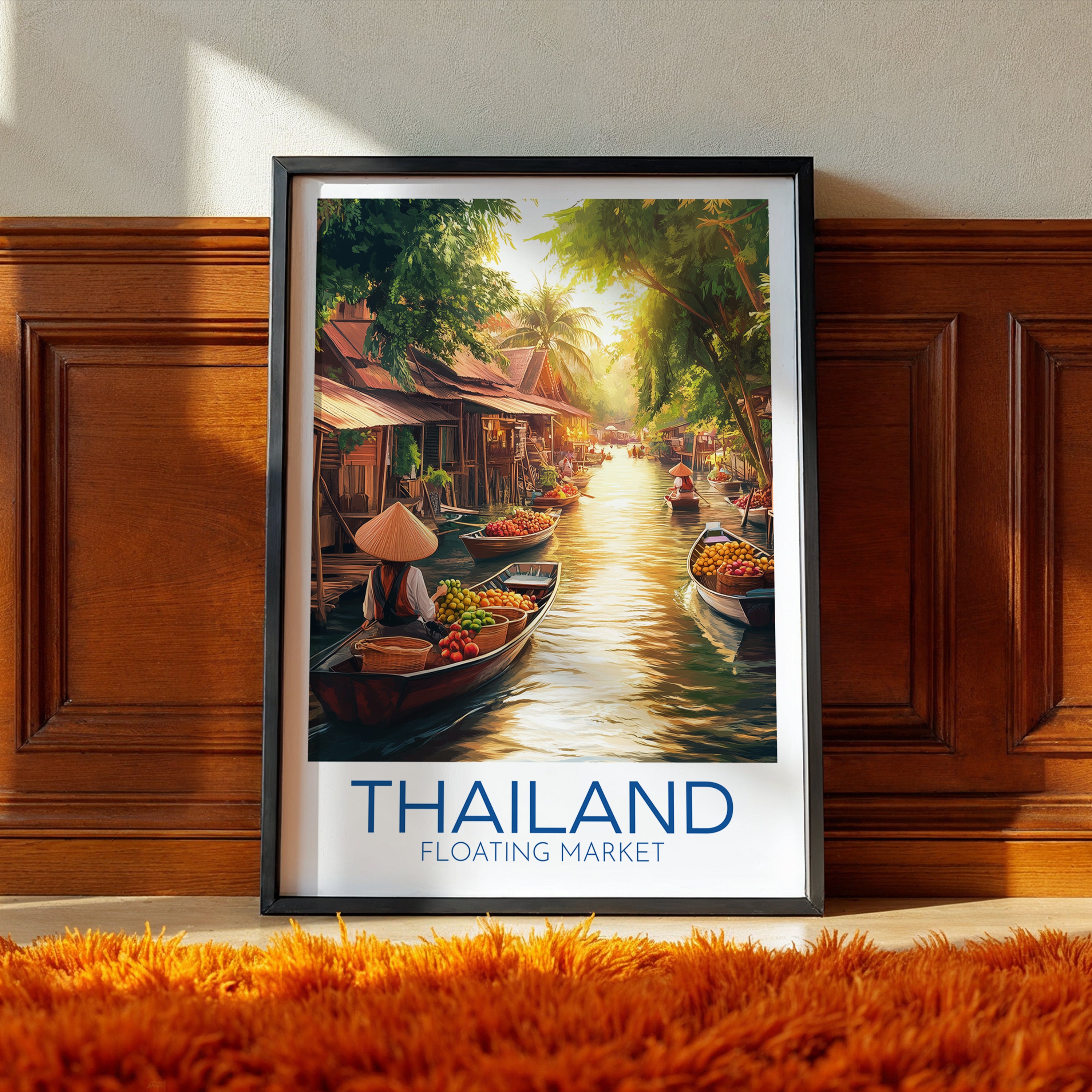 Thailand Travel Poster: Floating Market Tropical Illustration Art