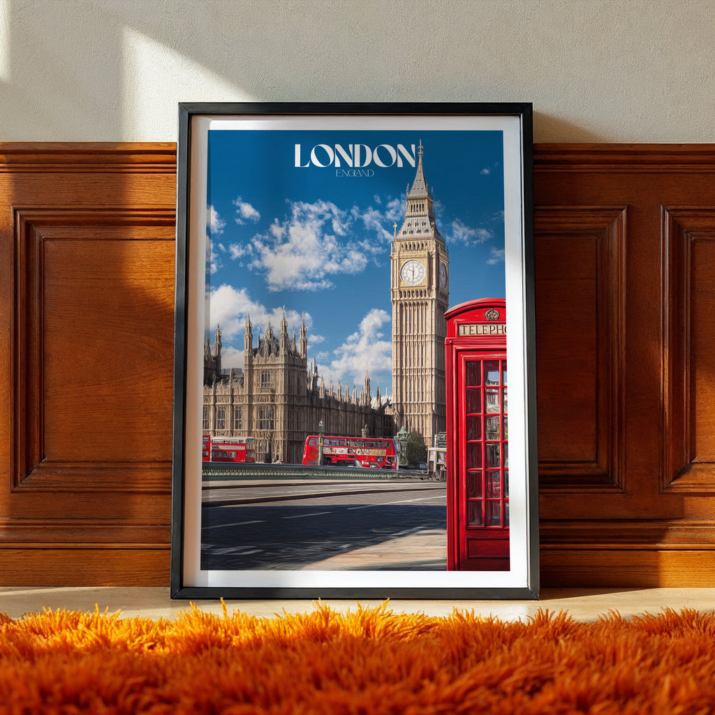 London Travel Poster: Big Ben & Red Phone Booth Print