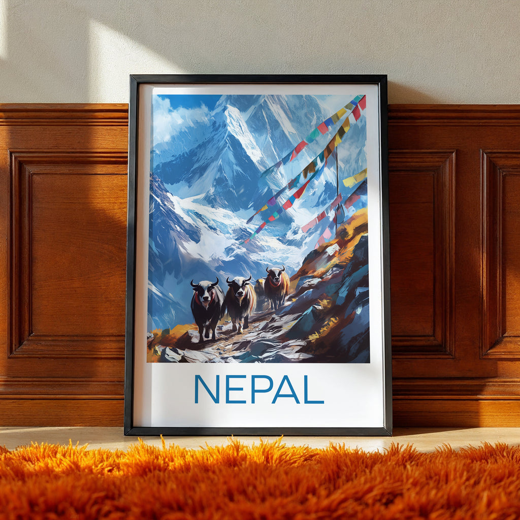Nepal Travel Poster: Himalaya Mountain Yak Illustration Art