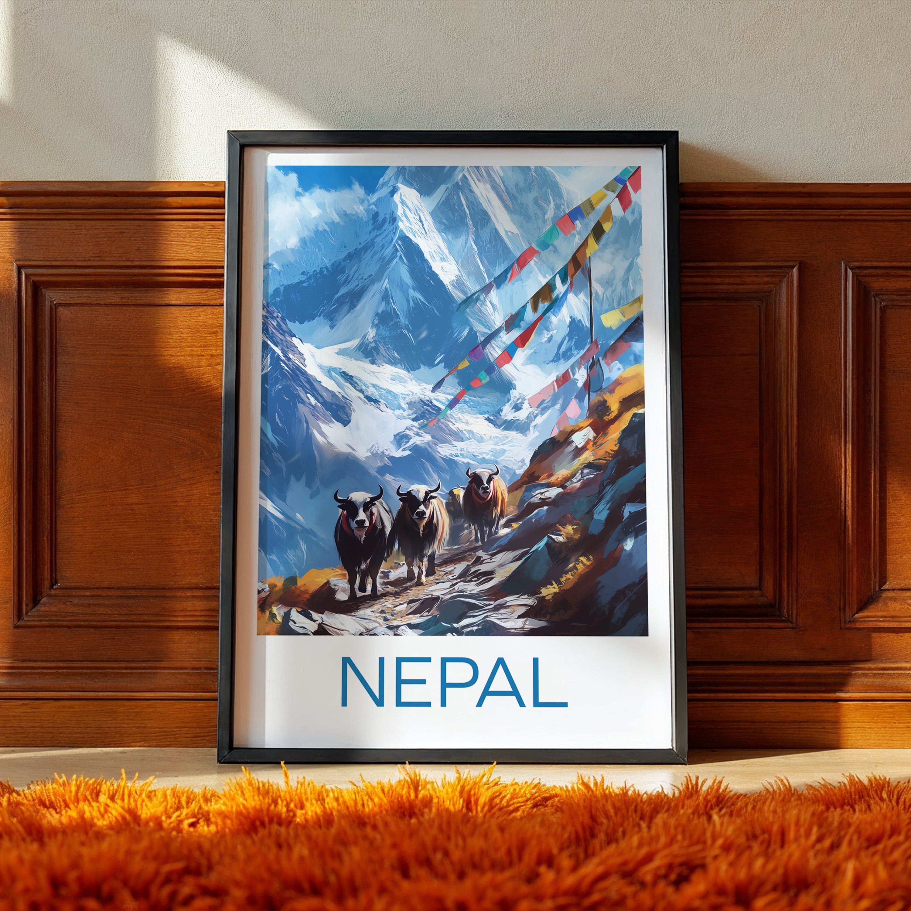 Nepal Travel Poster: Himalaya Mountain Yak Illustration Art