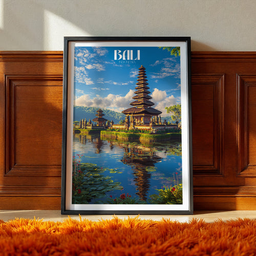 Bali poster featuring a traditional Balinese temple by the water, showcasing Indonesia's tropical beauty and vibrant colors.
