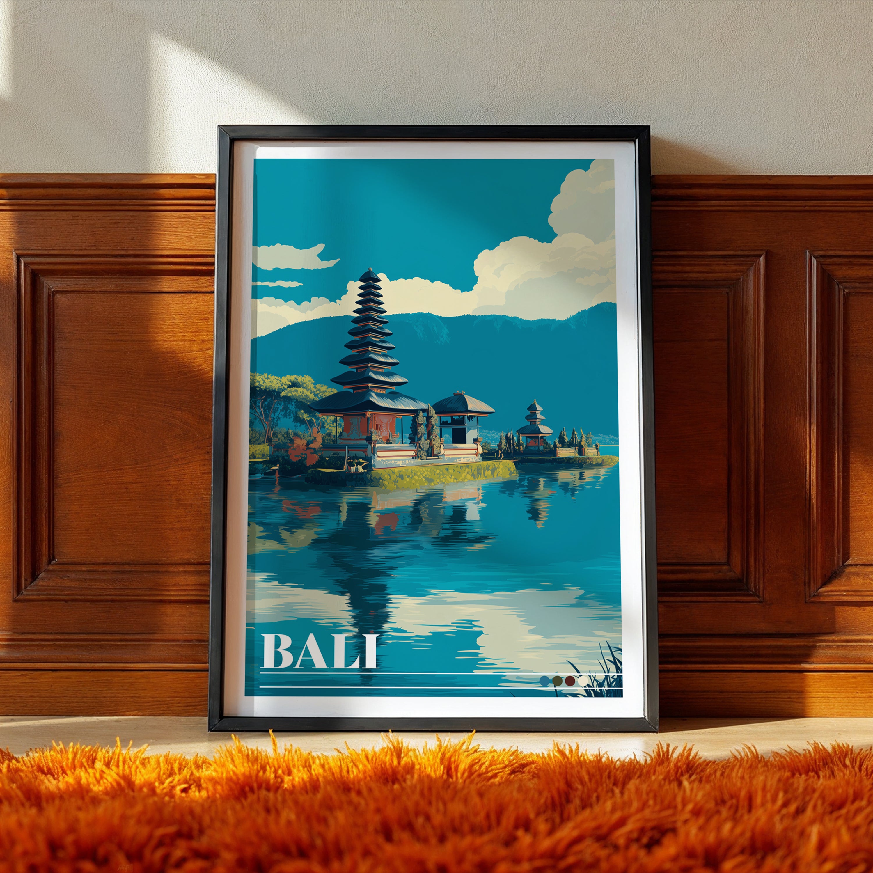 Bali Travel Poster: Ulun Danu Beratan Temple Print, Indonesia Wall Art