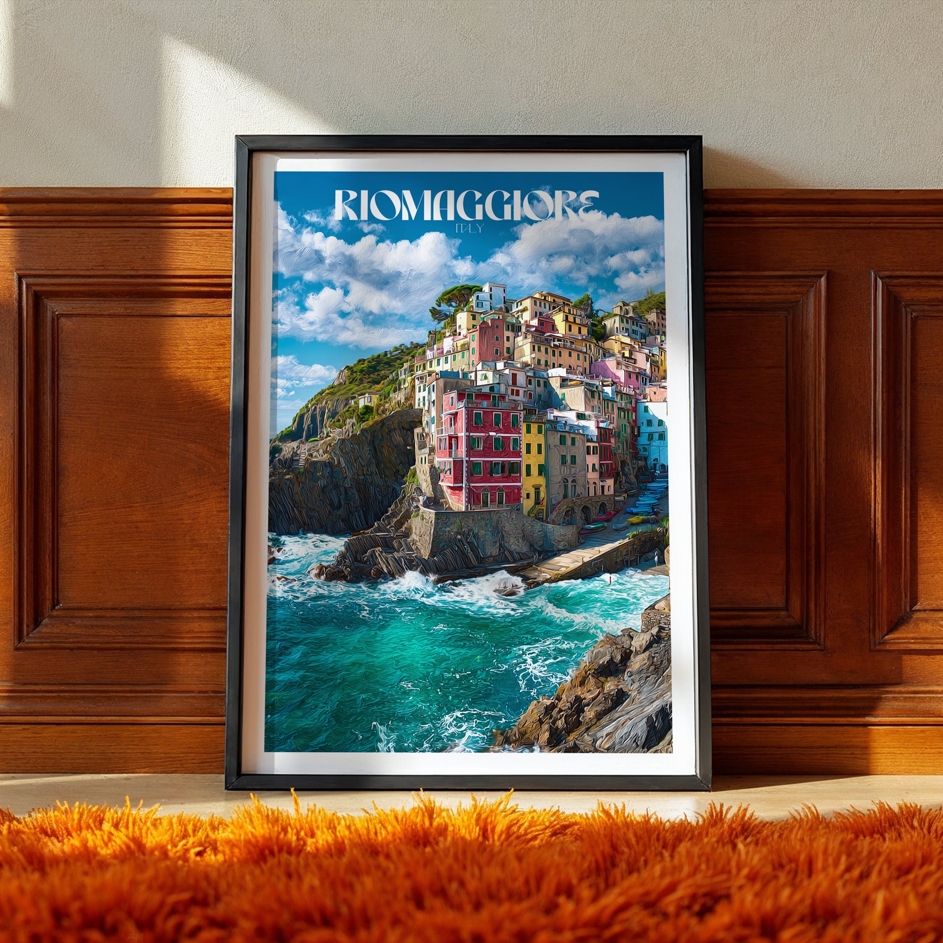 Cinque Terre Travel Poster – Riomaggiore Italy Wall Art Print, Coastal Village Decor