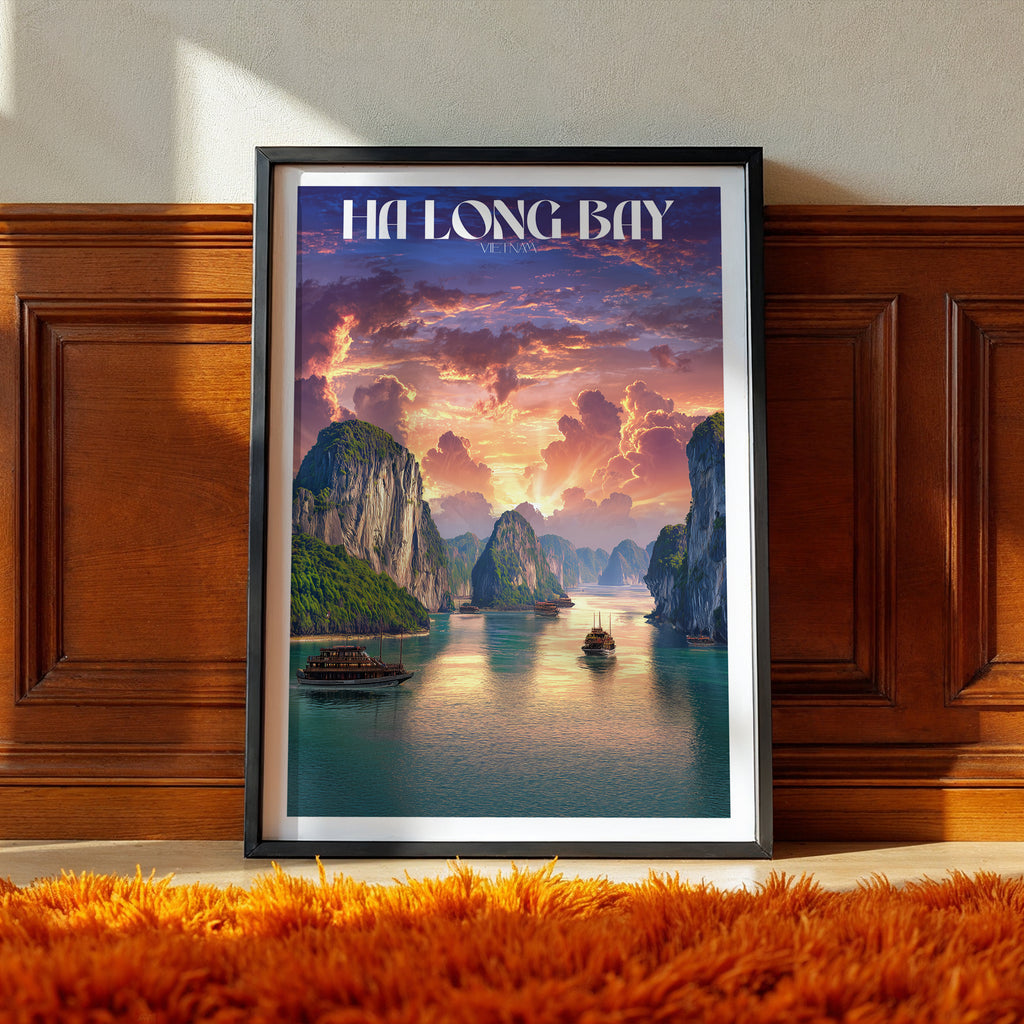 Ha Long Bay Vietnam Poster – Travel Print, Sunset Seascape Wall Art, Nature Landscape Decor