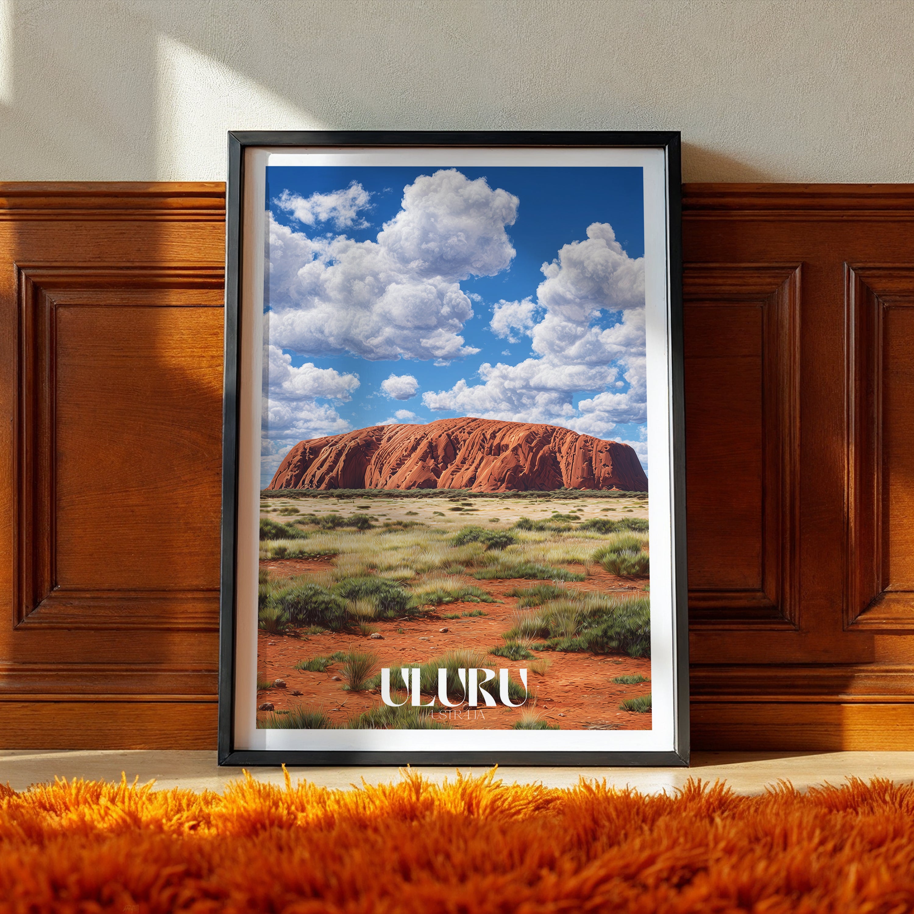 Australia Travel Poster – Uluru Red Rock Print, Outback Landscape Wall Art, Desert Landmark Decor