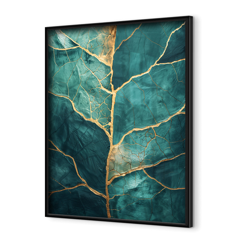 Gold Kintsugi Wall Art - Abstract teal print with golden veins resembling leaf patterns.