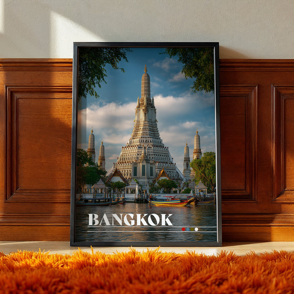 Bangkok Thailand Poster – Wat Arun Temple Wall Art, Asian Travel Print, Riverside Photography Decor