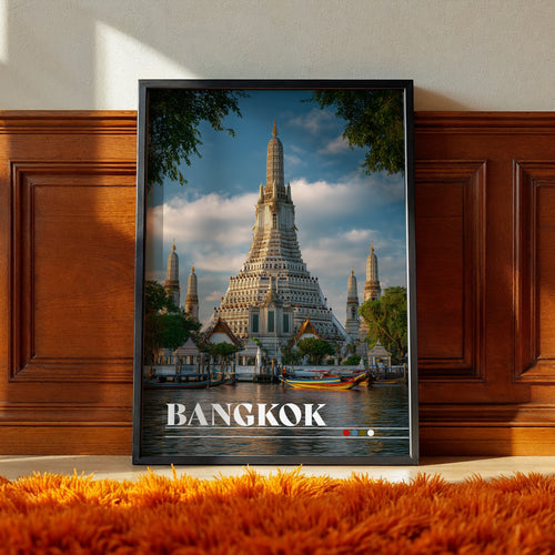 Bangkok poster featuring Wat Arun Temple by the riverside in a stylish frame, showcasing vibrant architecture.