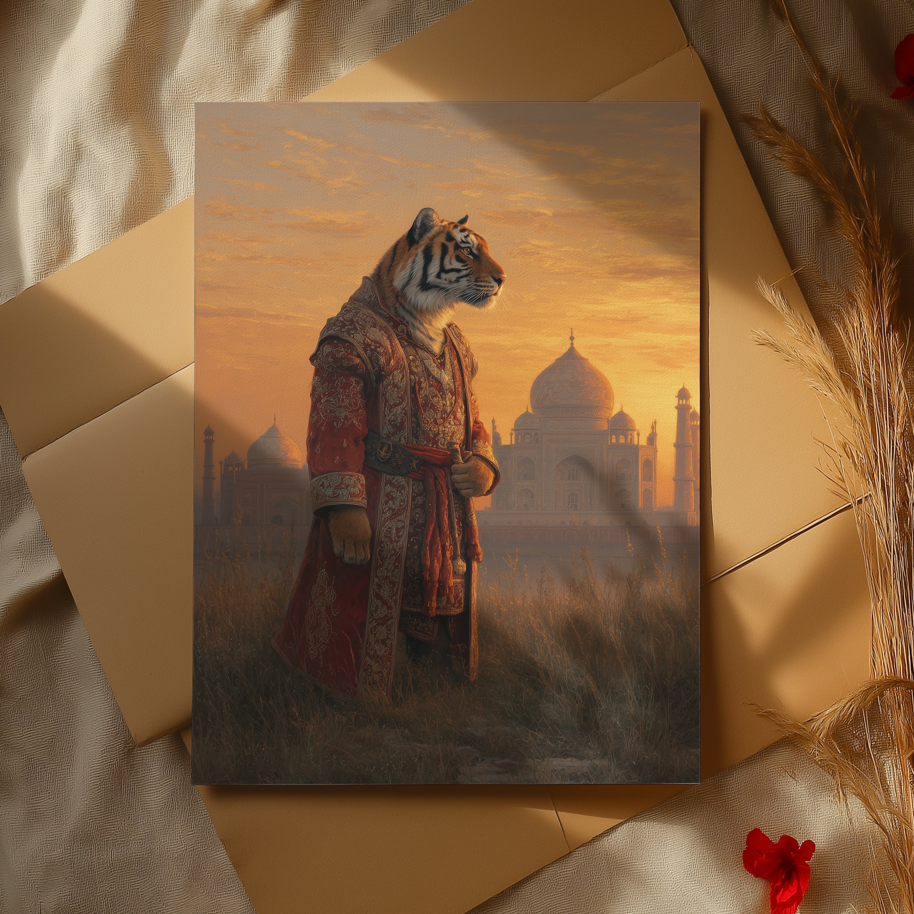 Regal Tiger Poster – Anthropomorphic Animal Art Print, Jungle Decor, Taj Mahal Fantasy Wall Art