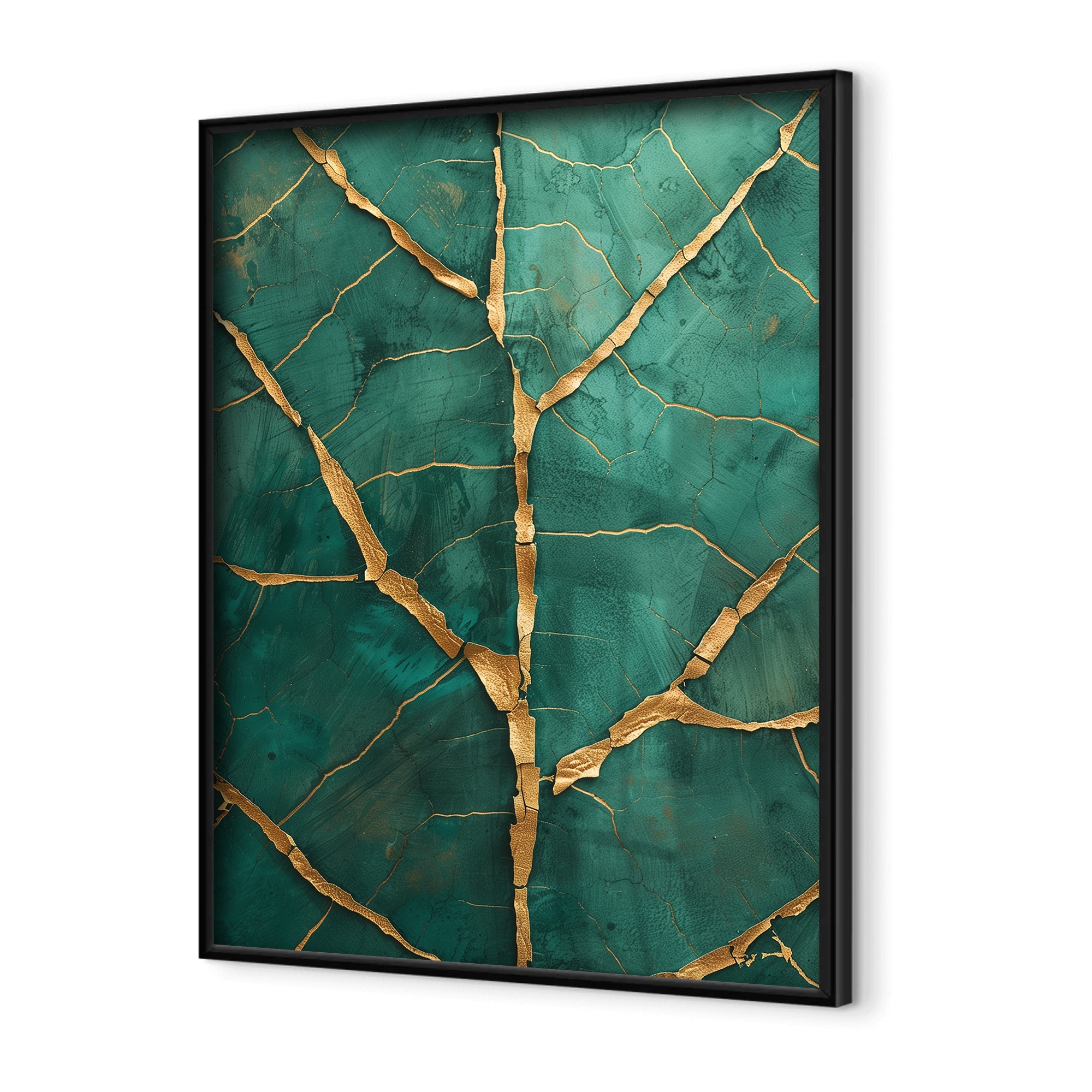 Emerald wall art close-up of abstract gold fissures on teal cracked surface