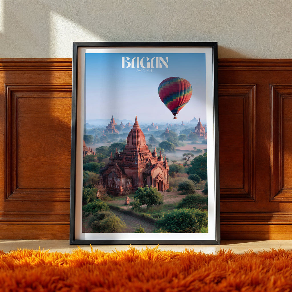 Bagan Temples Travel Print: Myanmar Hot Air Balloon Sunrise Art