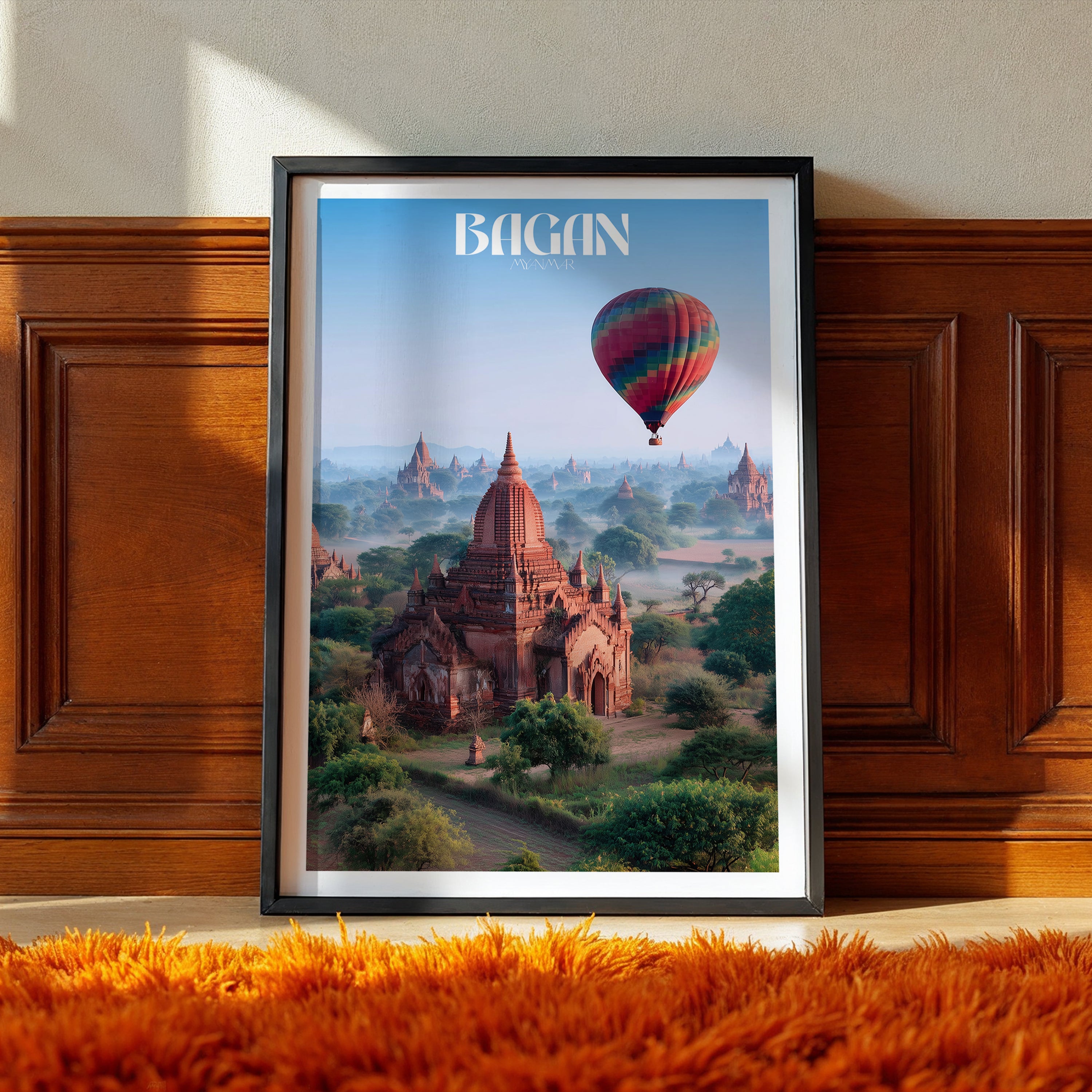 Bagan Temples Travel Print: Myanmar Hot Air Balloon Sunrise Art