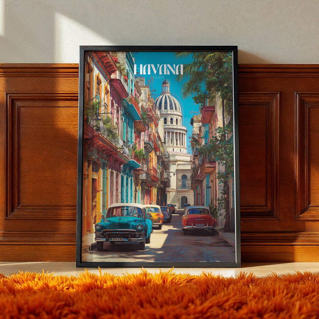 Havana poster featuring colorful streets and vintage cars, showcasing the charm of Cuba's capital in vibrant wall art.