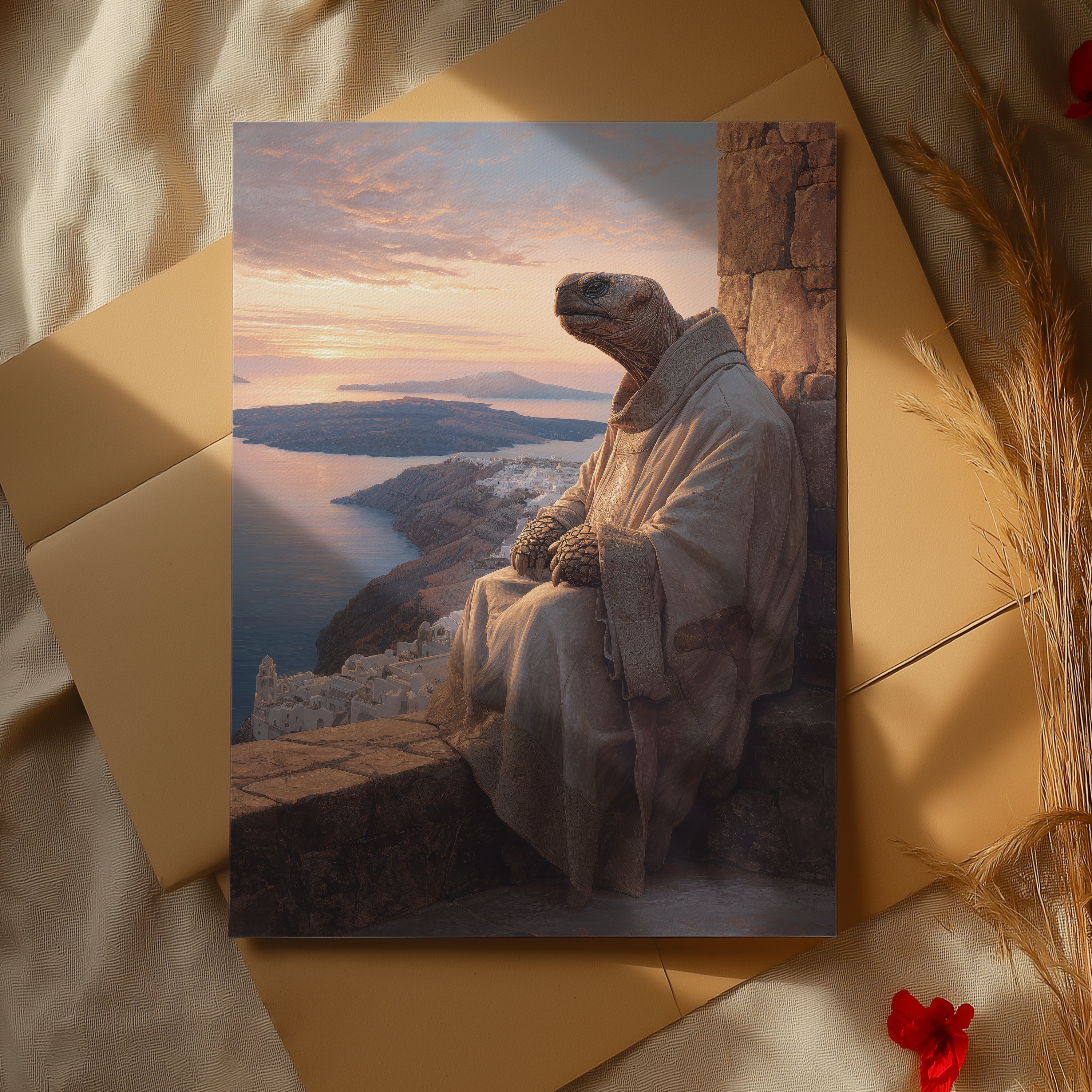 Meditative Turtle Poster – Greek Island Animal Print, Santorini Wall Art, Peaceful Fantasy Illustration