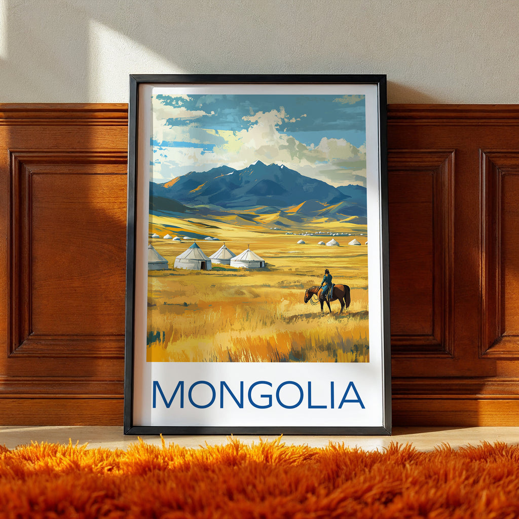 Mongolia Travel Poster: Nomadic Steppe Landscape Illustration Art