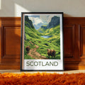 Scotland Highlands Travel Poster – Green Valley Landscape with Highland Cows Illustration Art