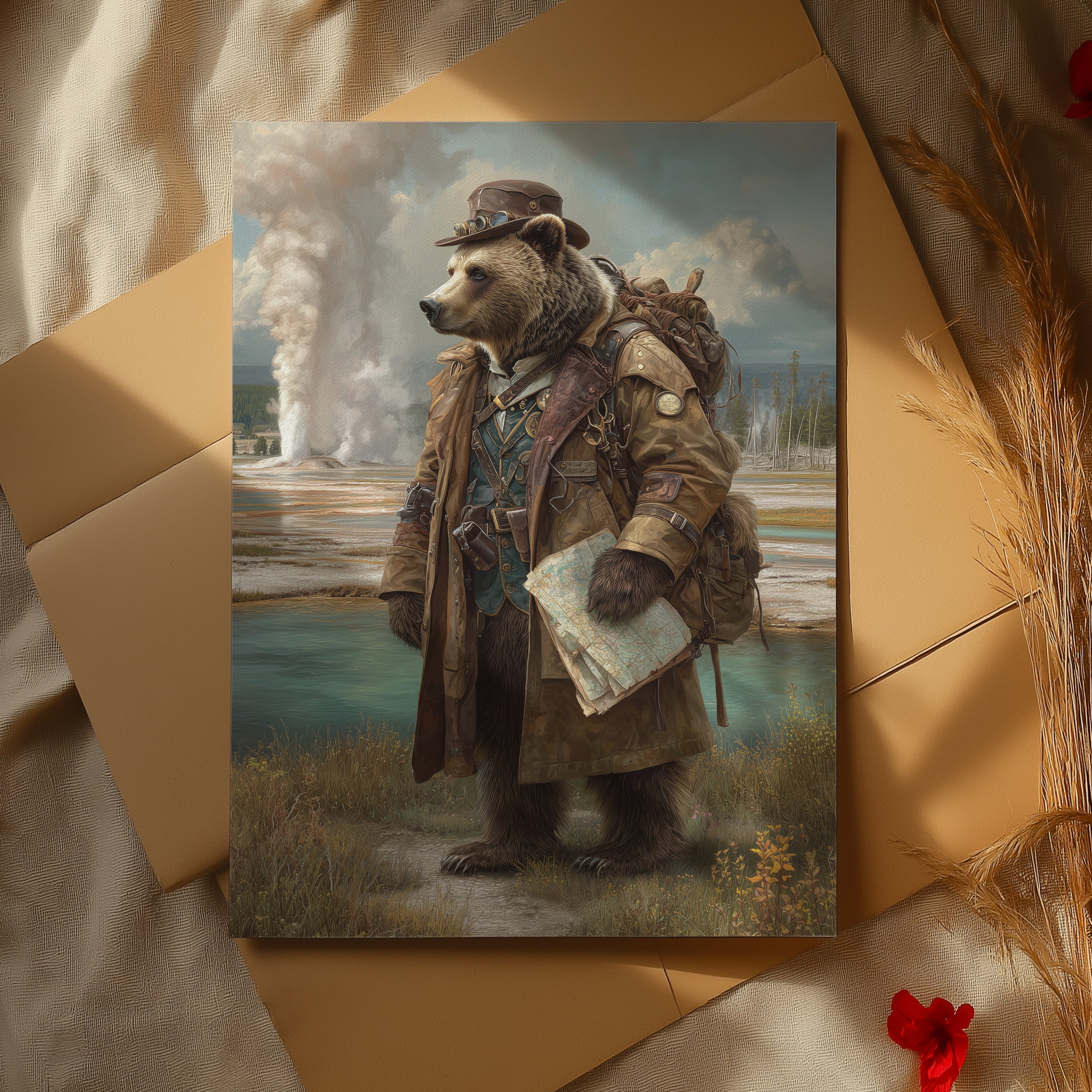 Grizzly Explorer Poster – Steampunk Bear Wall Art, Wilderness Adventure Animal Print