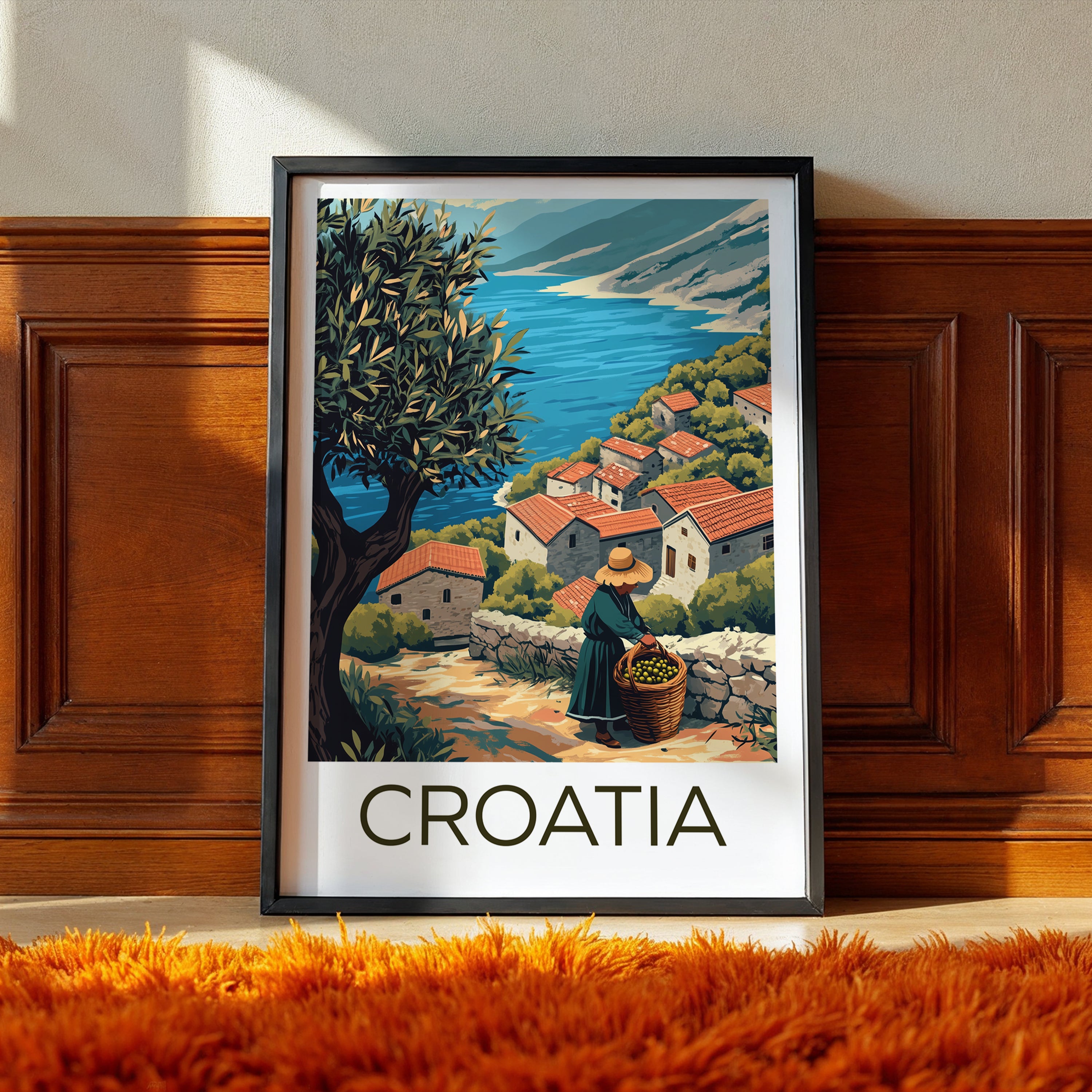 Croatia Travel Poster – Mediterranean Village & Olive Harvest Coastal Landscape Art