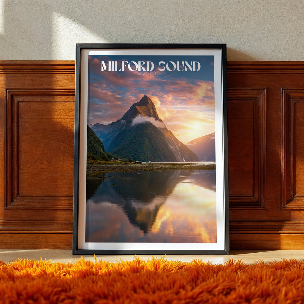 New Zealand Travel Poster – Milford Sound Sunrise Print, Mountain Reflection Wall Art
