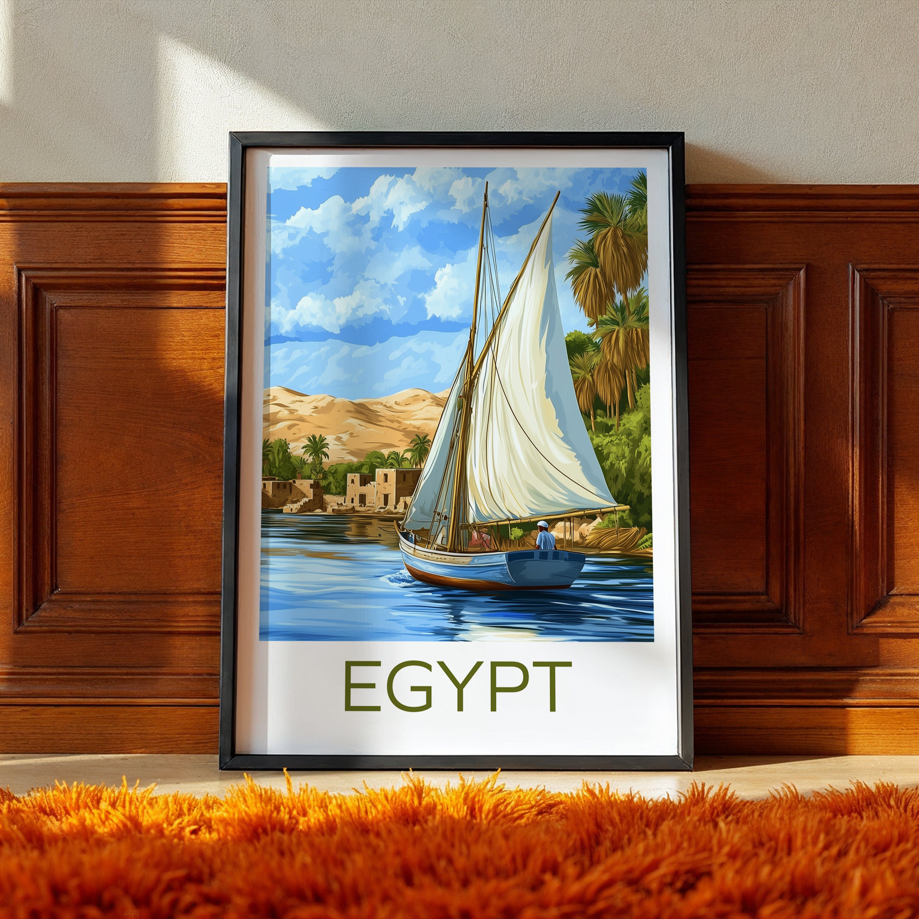 Egypt Travel Poster: Nile River Felucca Illustration Art
