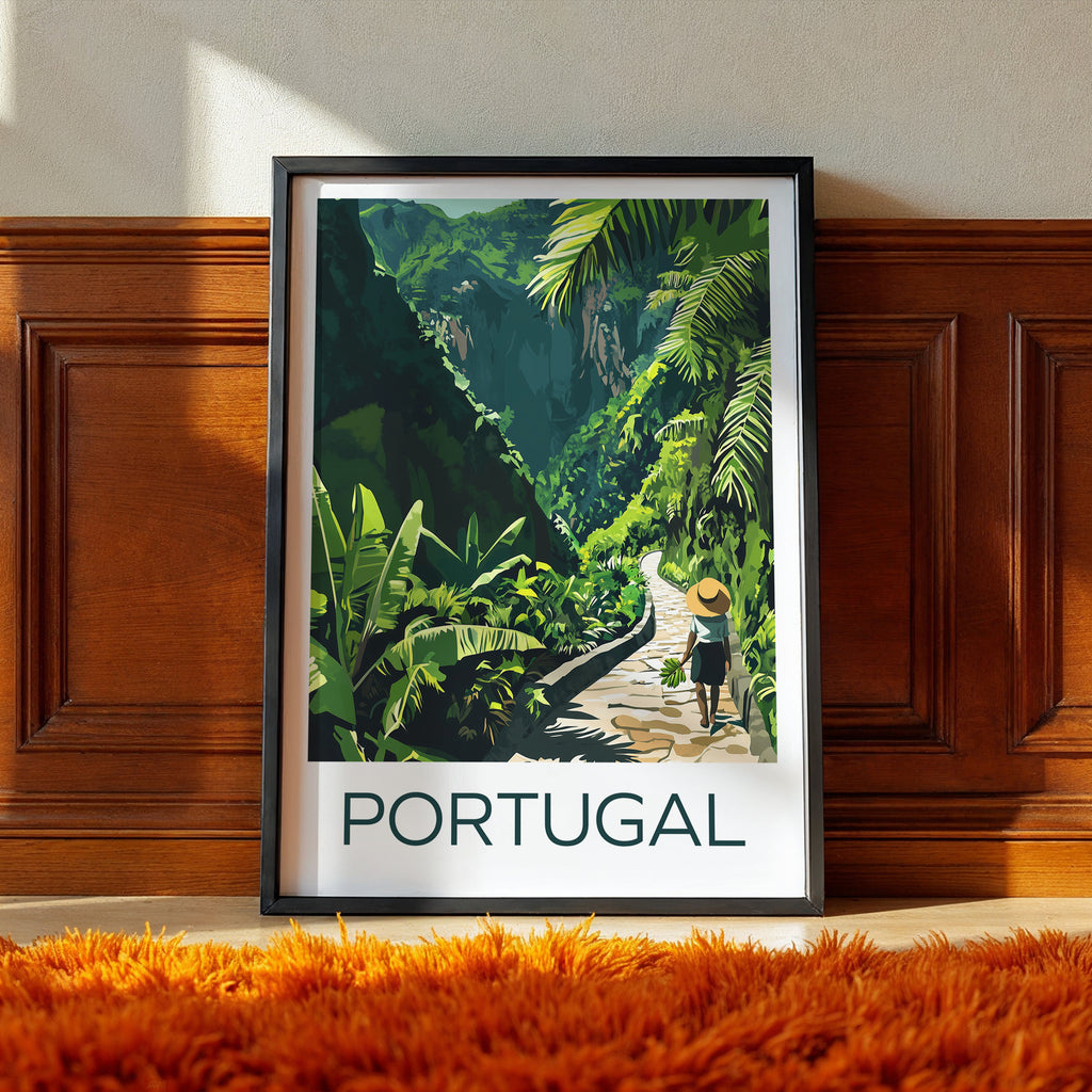 Madeira travel poster art featuring a lush green path in Portugal with a figure walking through vibrant foliage.
