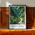 Madeira travel poster art featuring a lush green path in Portugal with a figure walking through vibrant foliage.