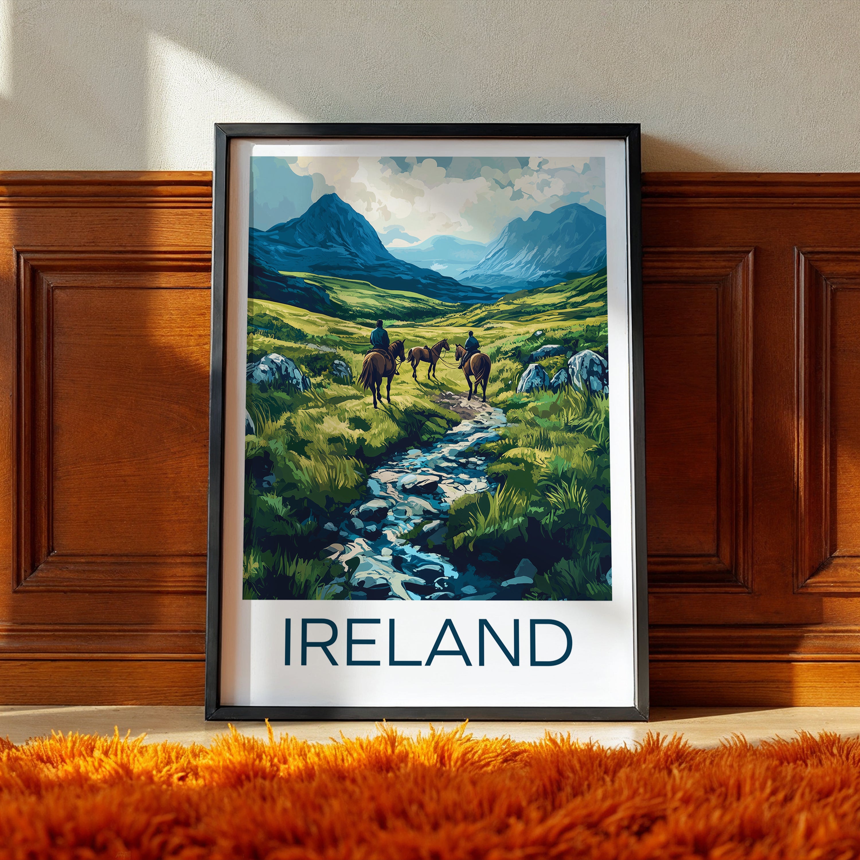 Ireland Landscape Poster – Irish Highlands Horse Riders, Green Valley & Mountain Art Print