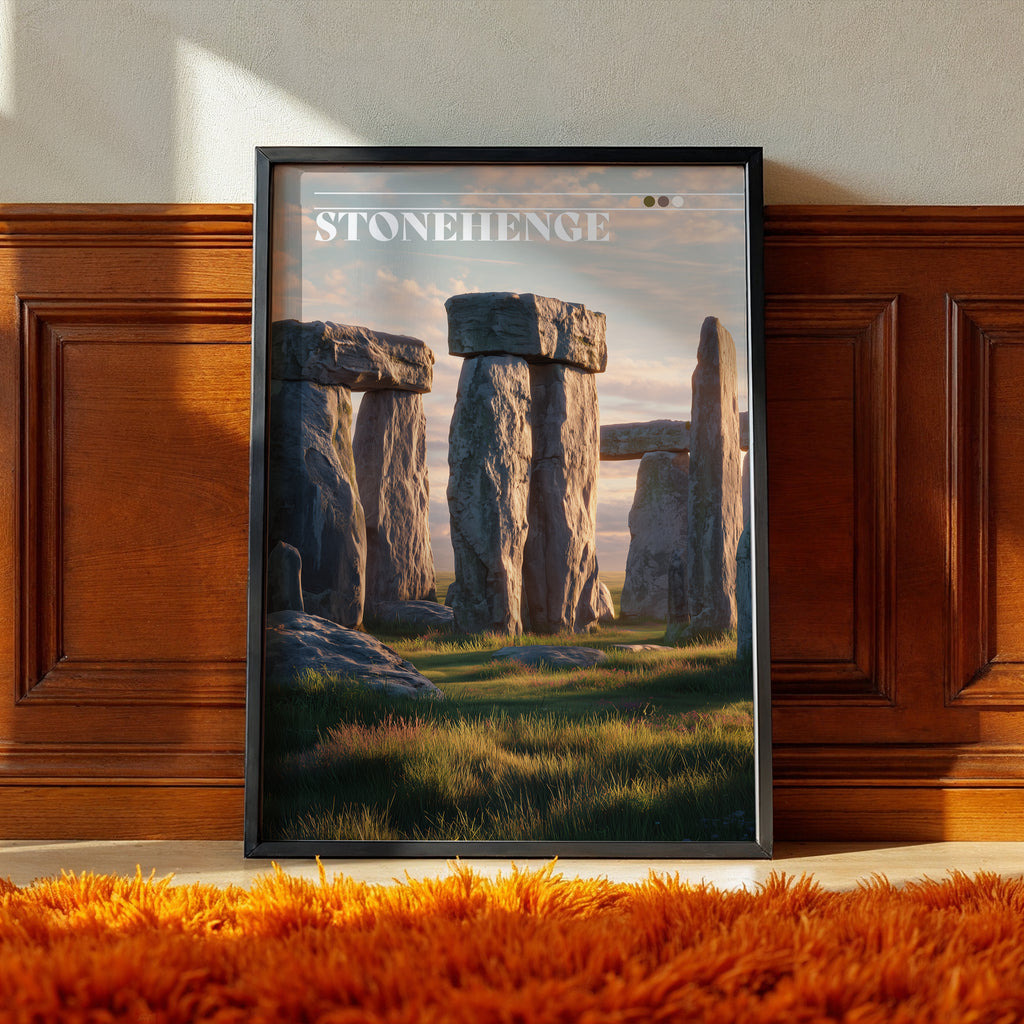 Stonehenge poster featuring ancient monument against dramatic English countryside