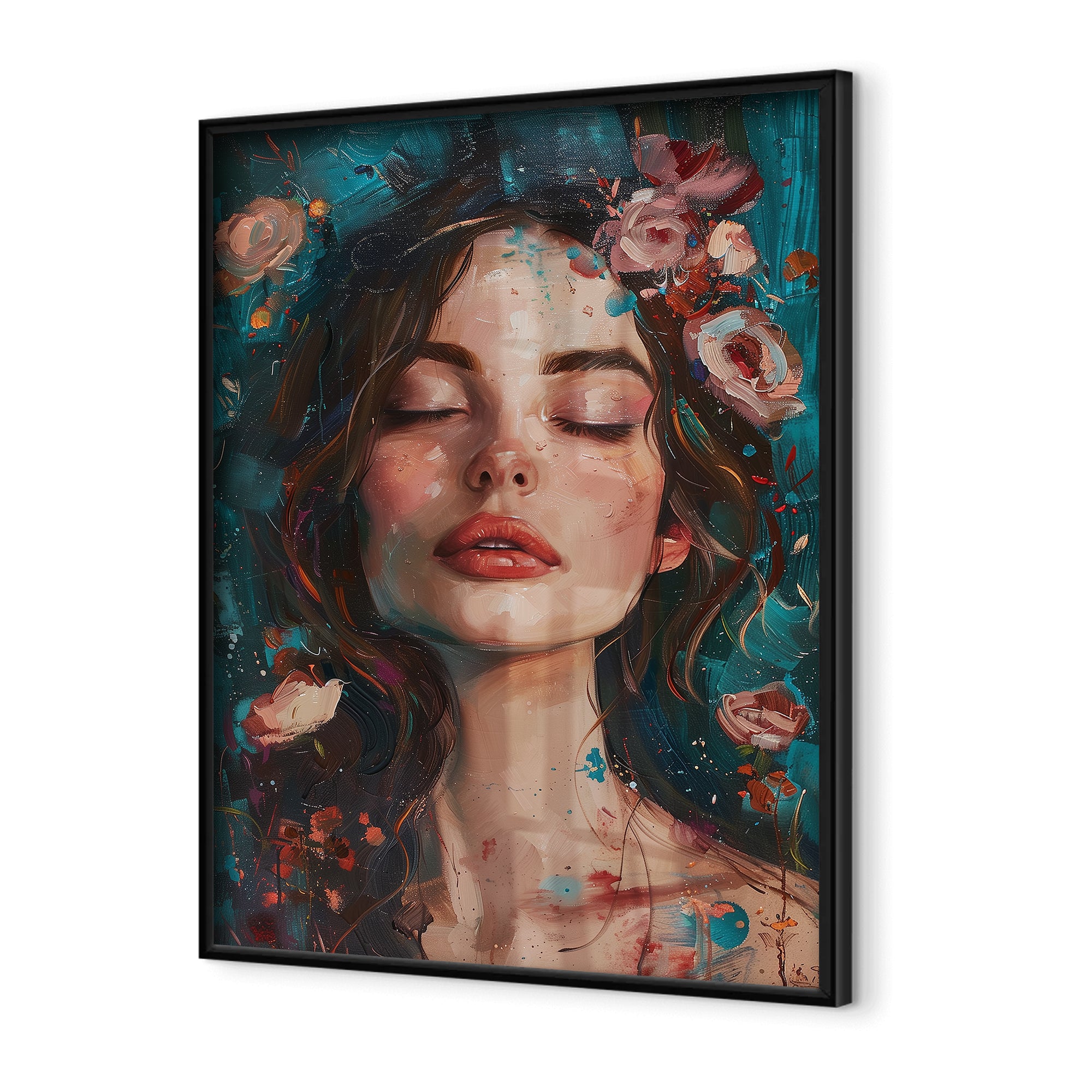 Teal wall art close-up of expressive portrait with layered paint and floral accents