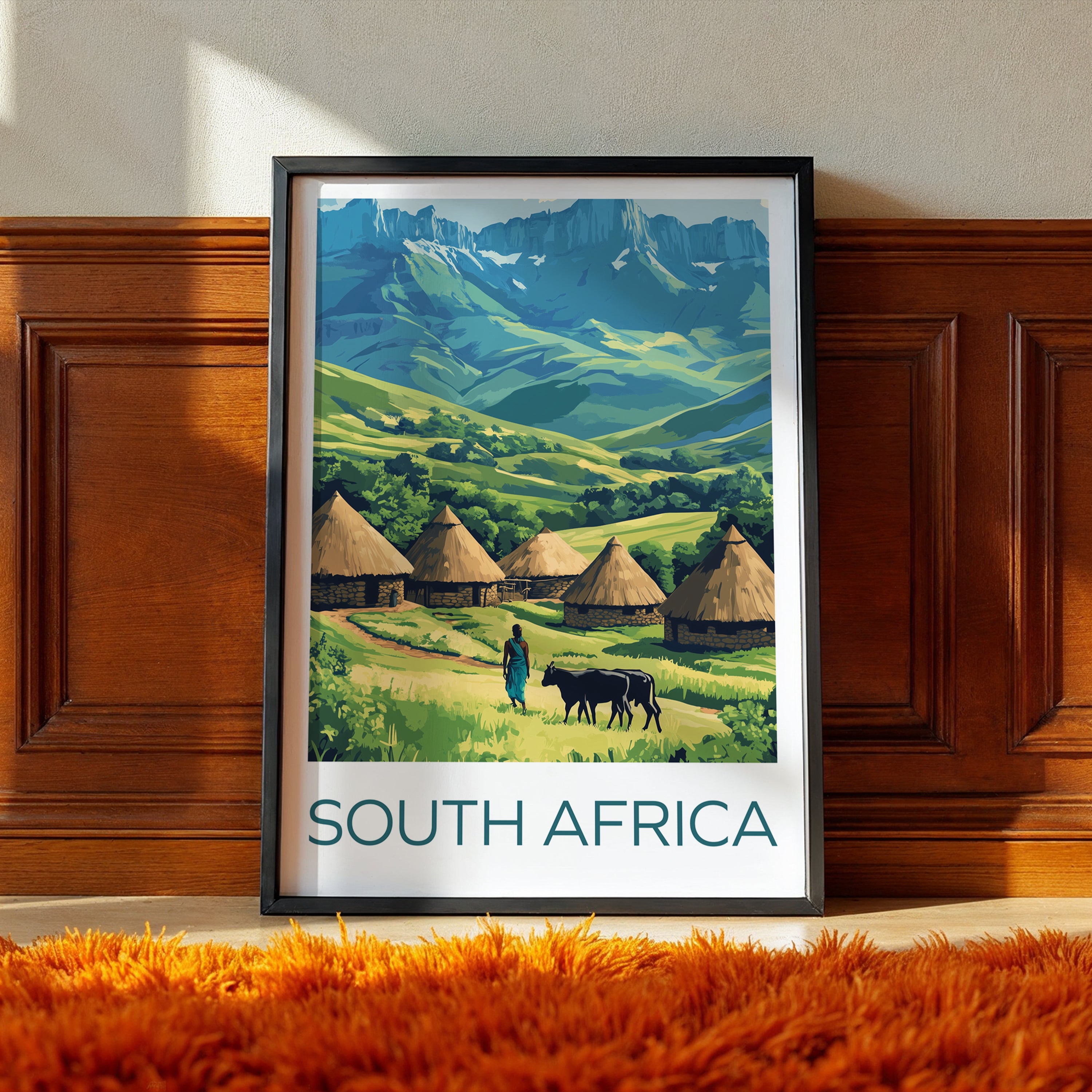 South Africa Travel Poster: Drakensberg Mountains & Zulu Village Illustration Art