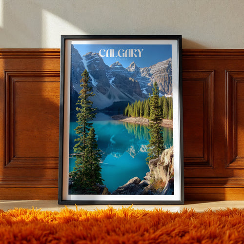 Banff National Park poster showcasing Moraine Lake's turquoise waters and mountain peaks in a stylish frame.