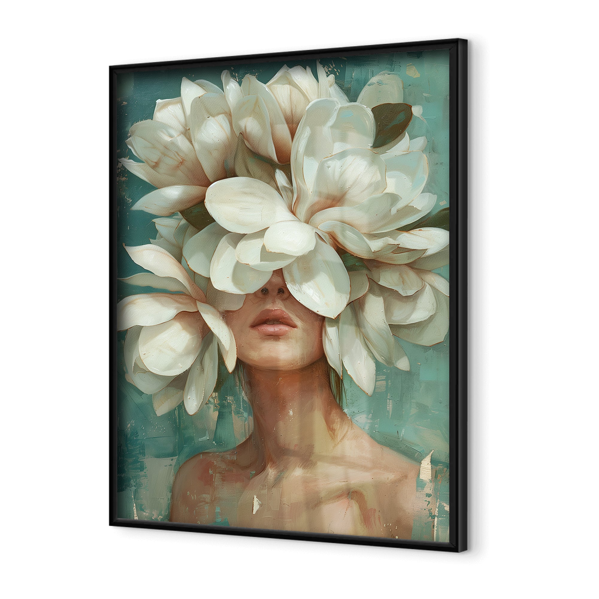Botanical wall art close-up of woman veiled in white flowers against teal background