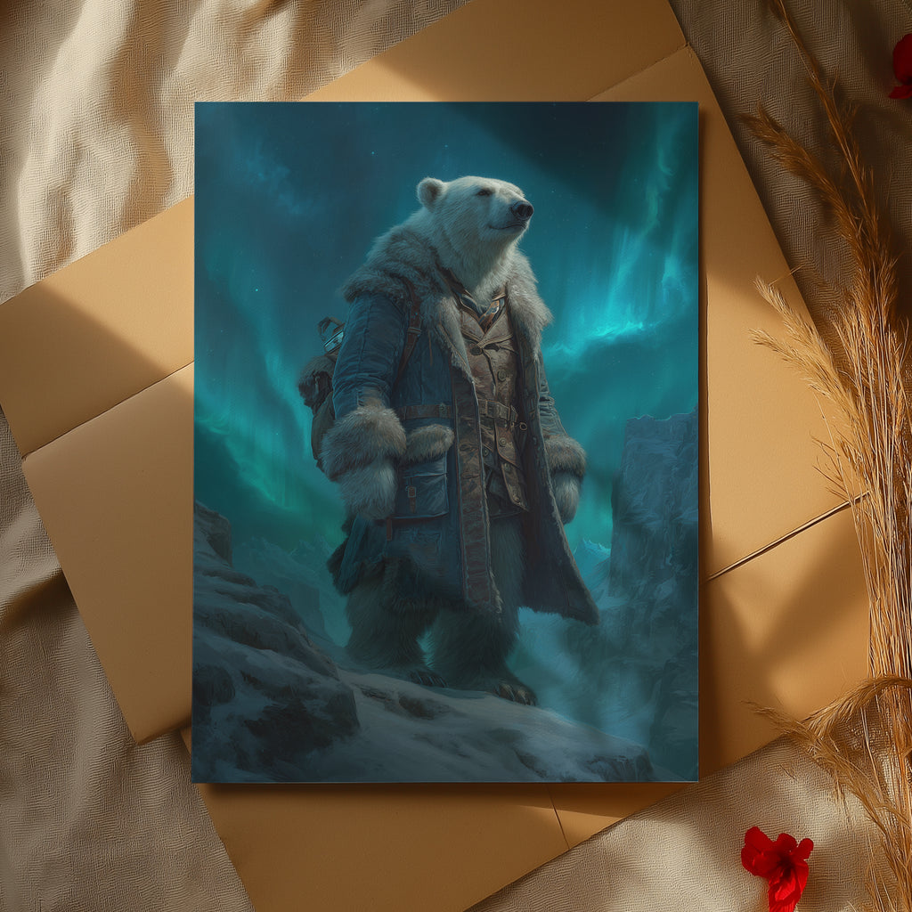 Polar Bear Explorer Print: Arctic Animal Art, Aurora Borealis Fantasy