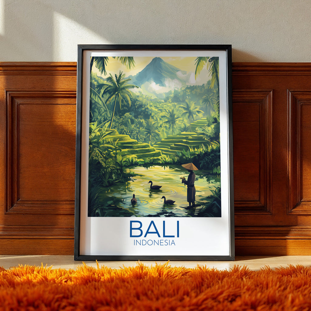 Bali Indonesia Travel Poster: Tropical Rice Terrace Illustration Art