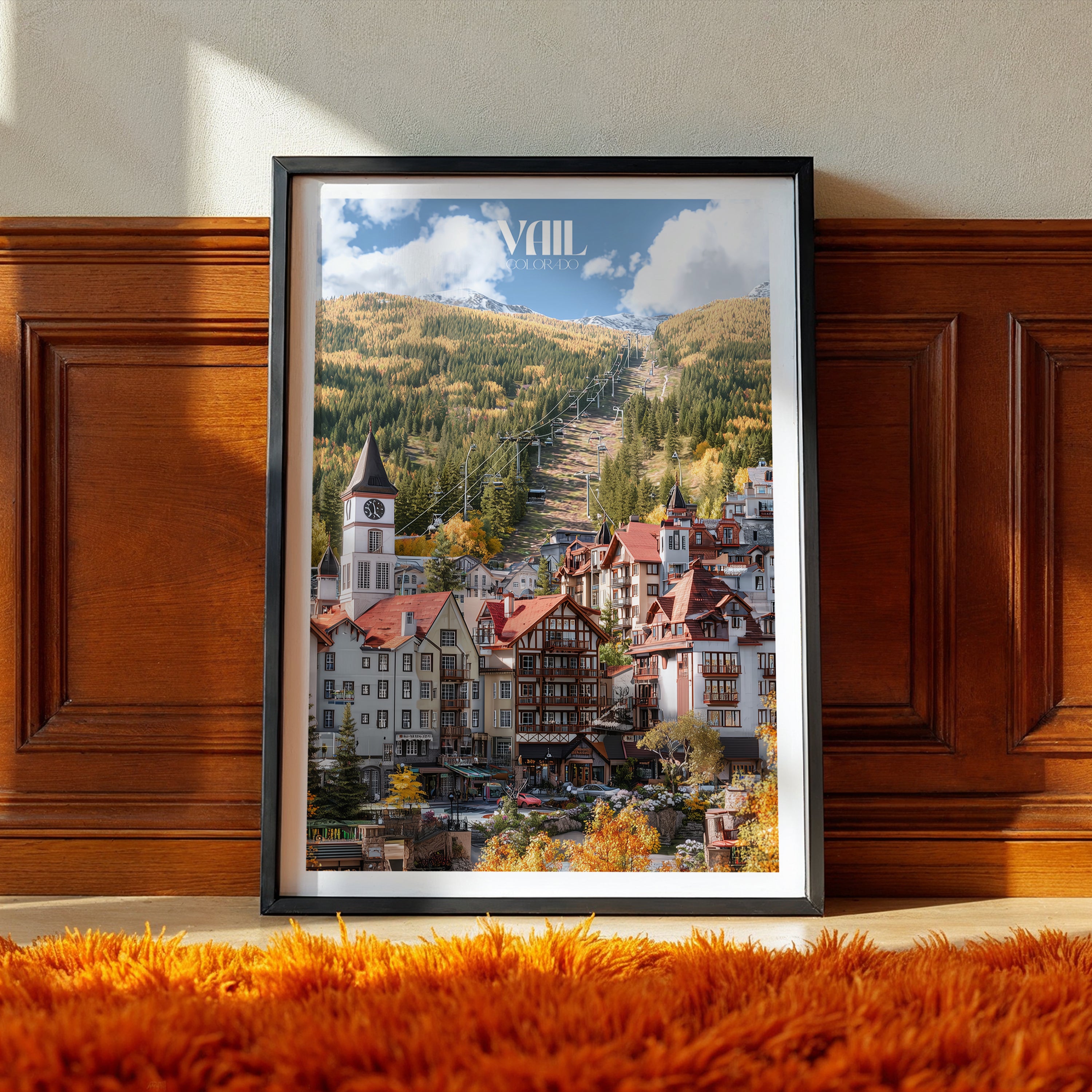Colorado Travel Poster – Vail Ski Town Print, Autumn Mountain Village Wall Art, Rockies Decor
