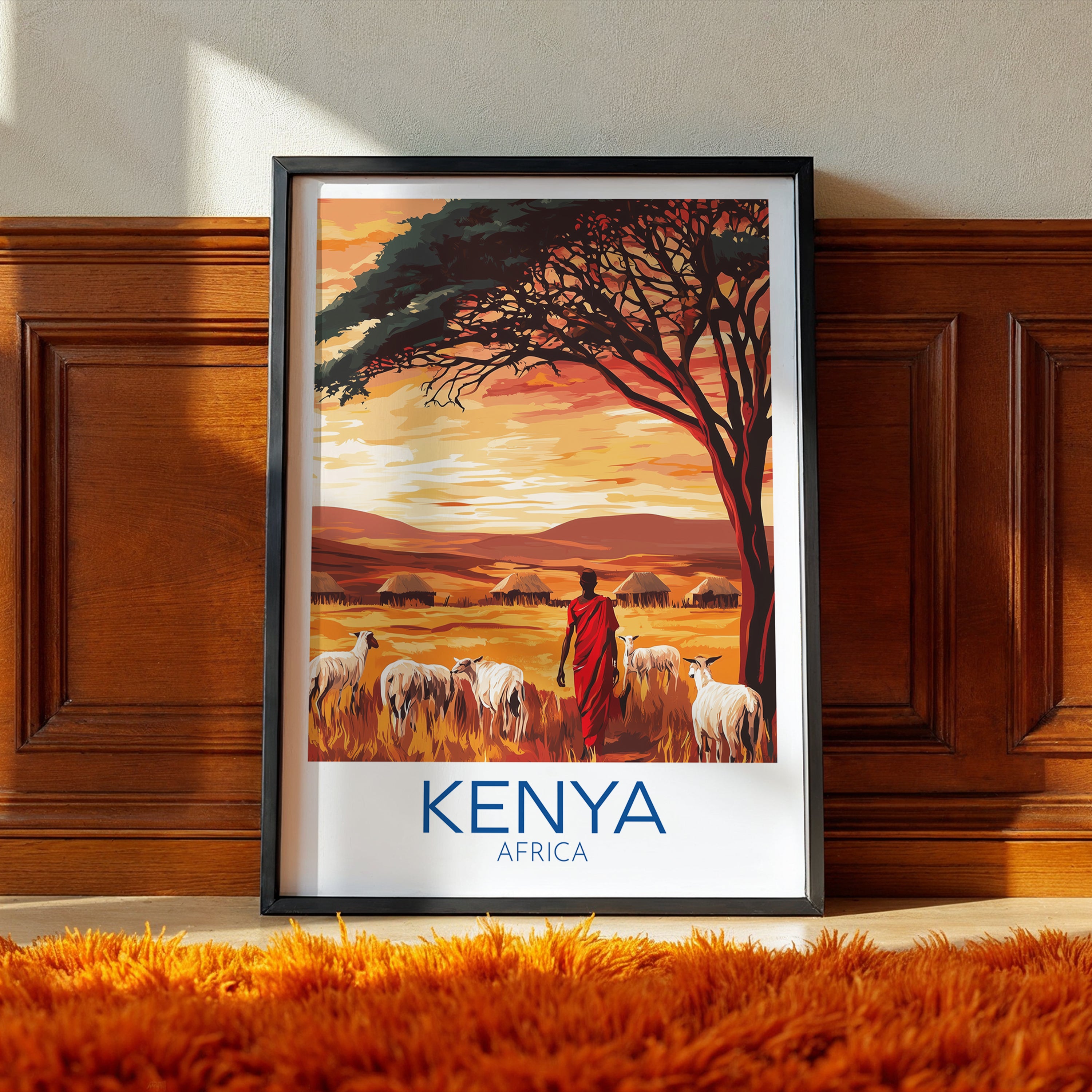 Kenya Travel Poster: Maasai Savannah Sunset Illustration Art