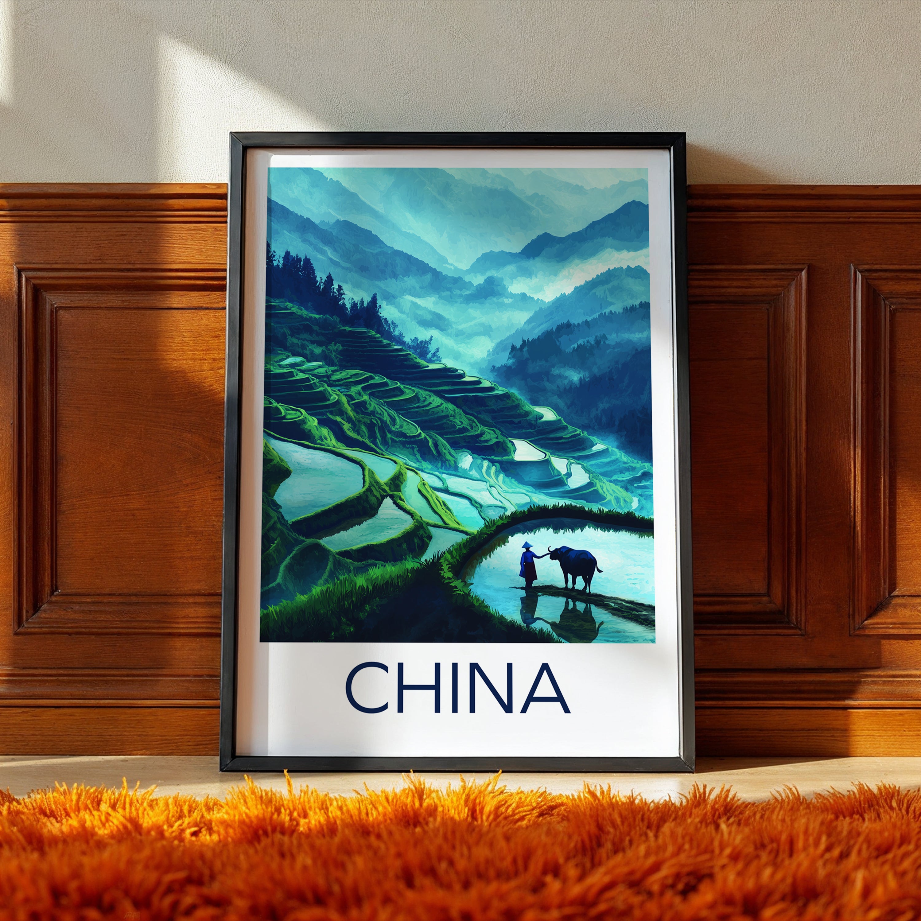 China Travel Poster: Longsheng Rice Terraces Illustration Art
